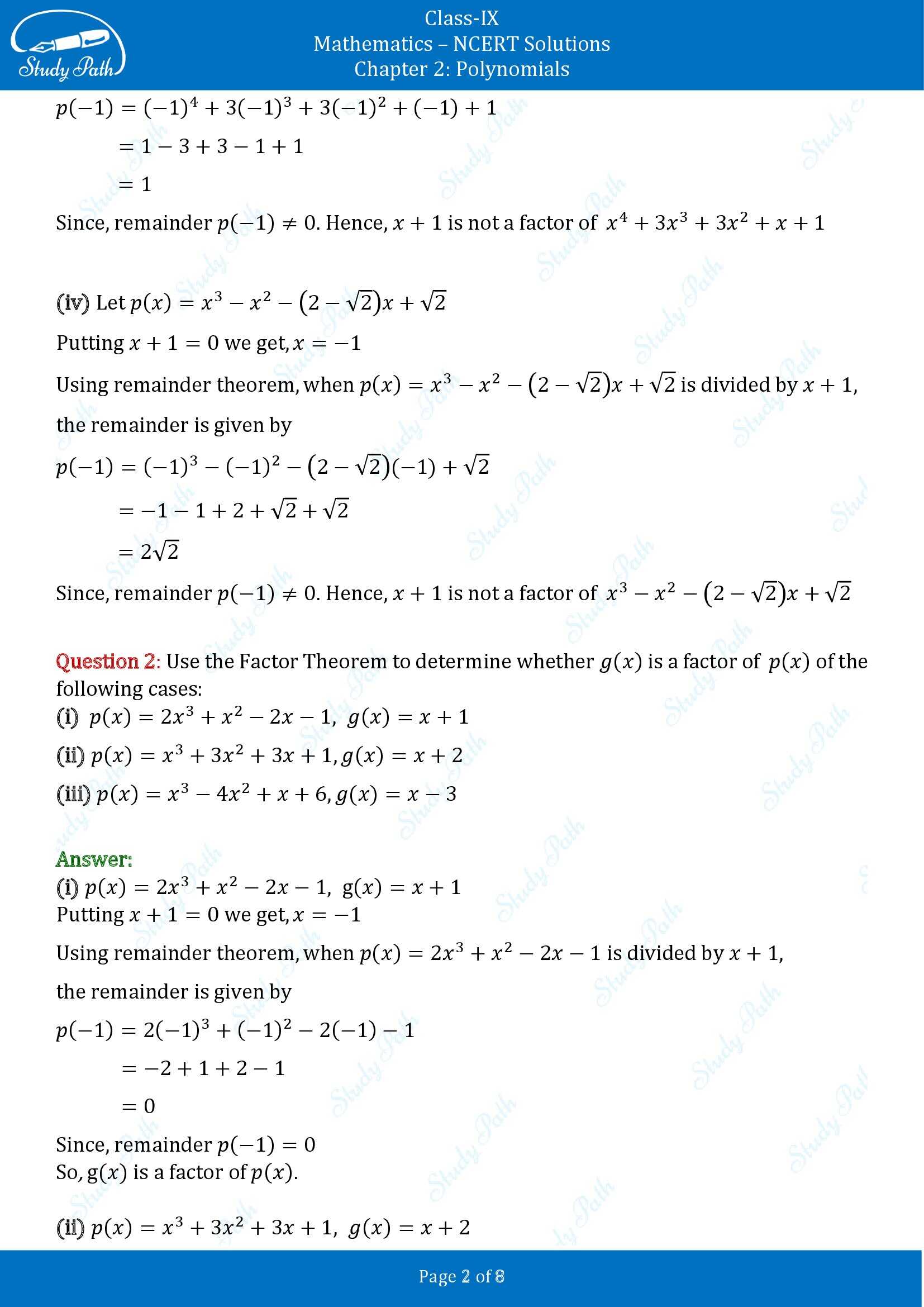 NCERT Solutions for Class 9 Maths Chapter 2 Polynomials Exercise 2.3 00002