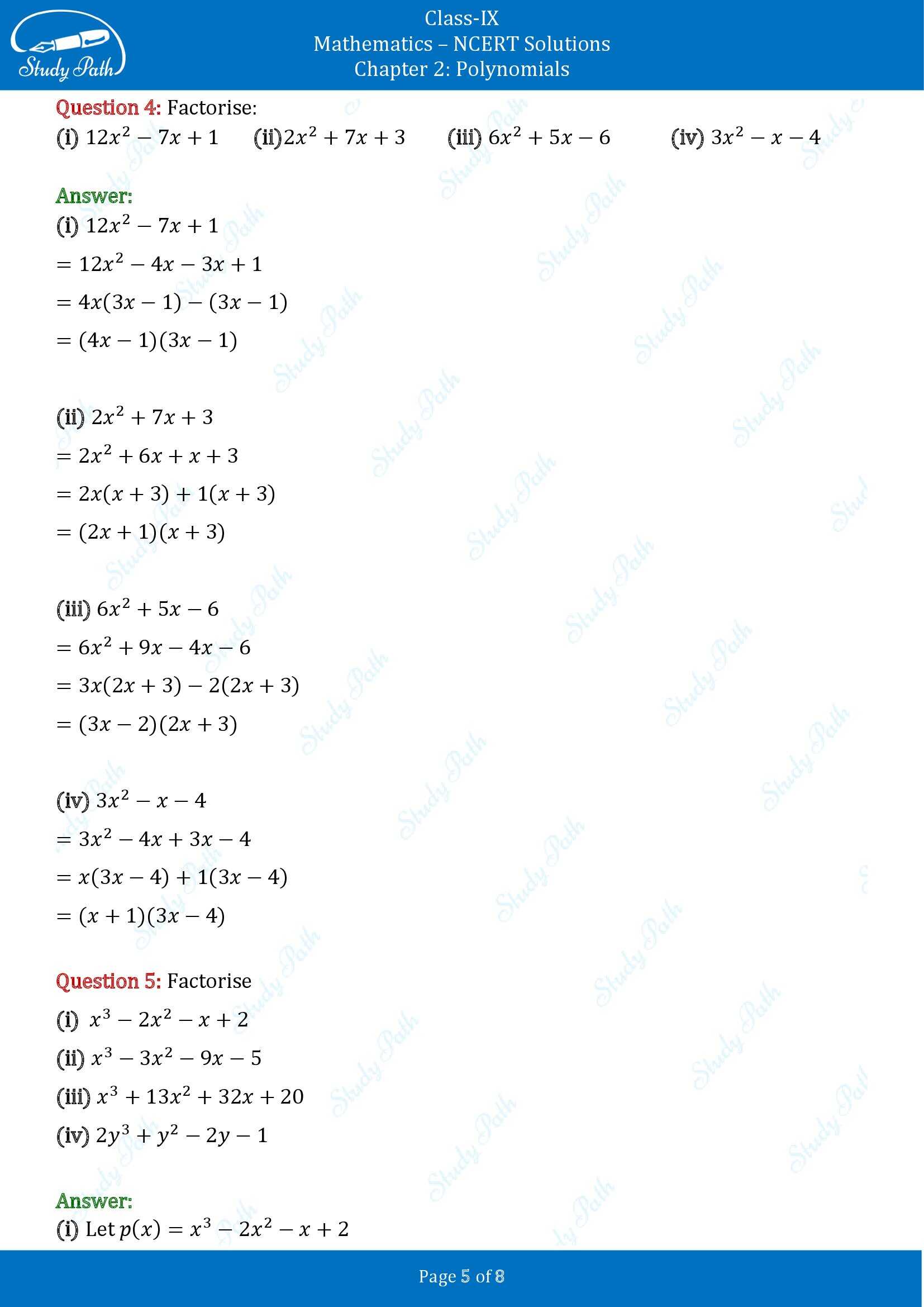 NCERT Solutions for Class 9 Maths Chapter 2 Polynomials Exercise 2.3 00005