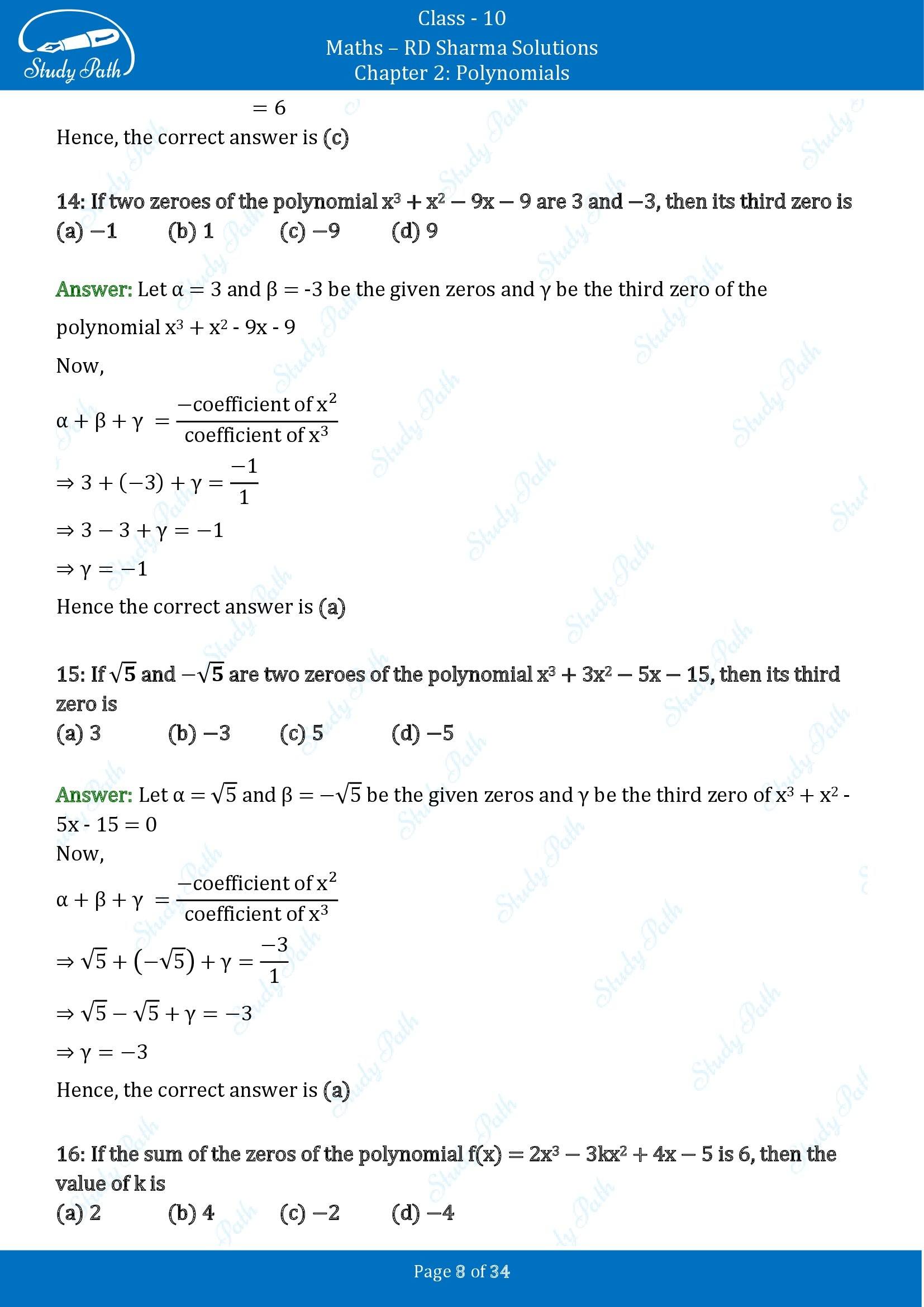 RD Sharma Solutions Class 10 Chapter 2 Polynomials Multiple Choice Questions MCQs 00008
