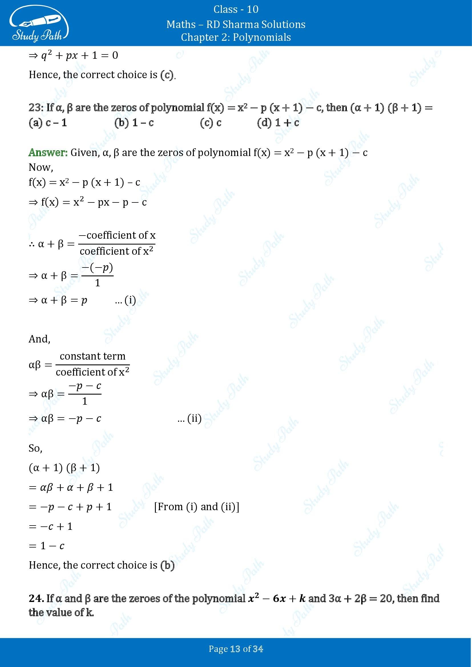 RD Sharma Solutions Class 10 Chapter 2 Polynomials Multiple Choice Questions MCQs 00013