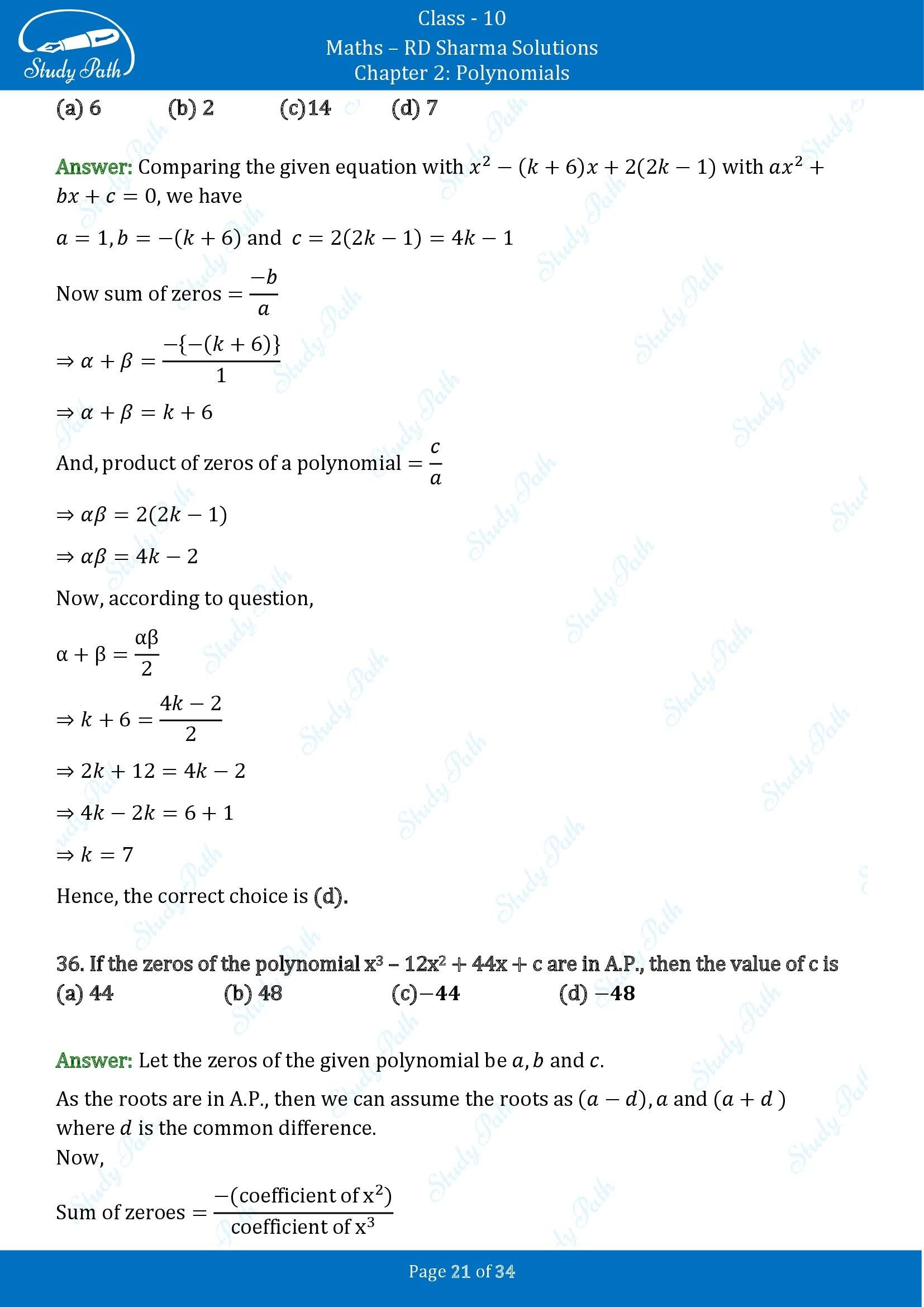 RD Sharma Solutions Class 10 Chapter 2 Polynomials Multiple Choice Questions MCQs 00021