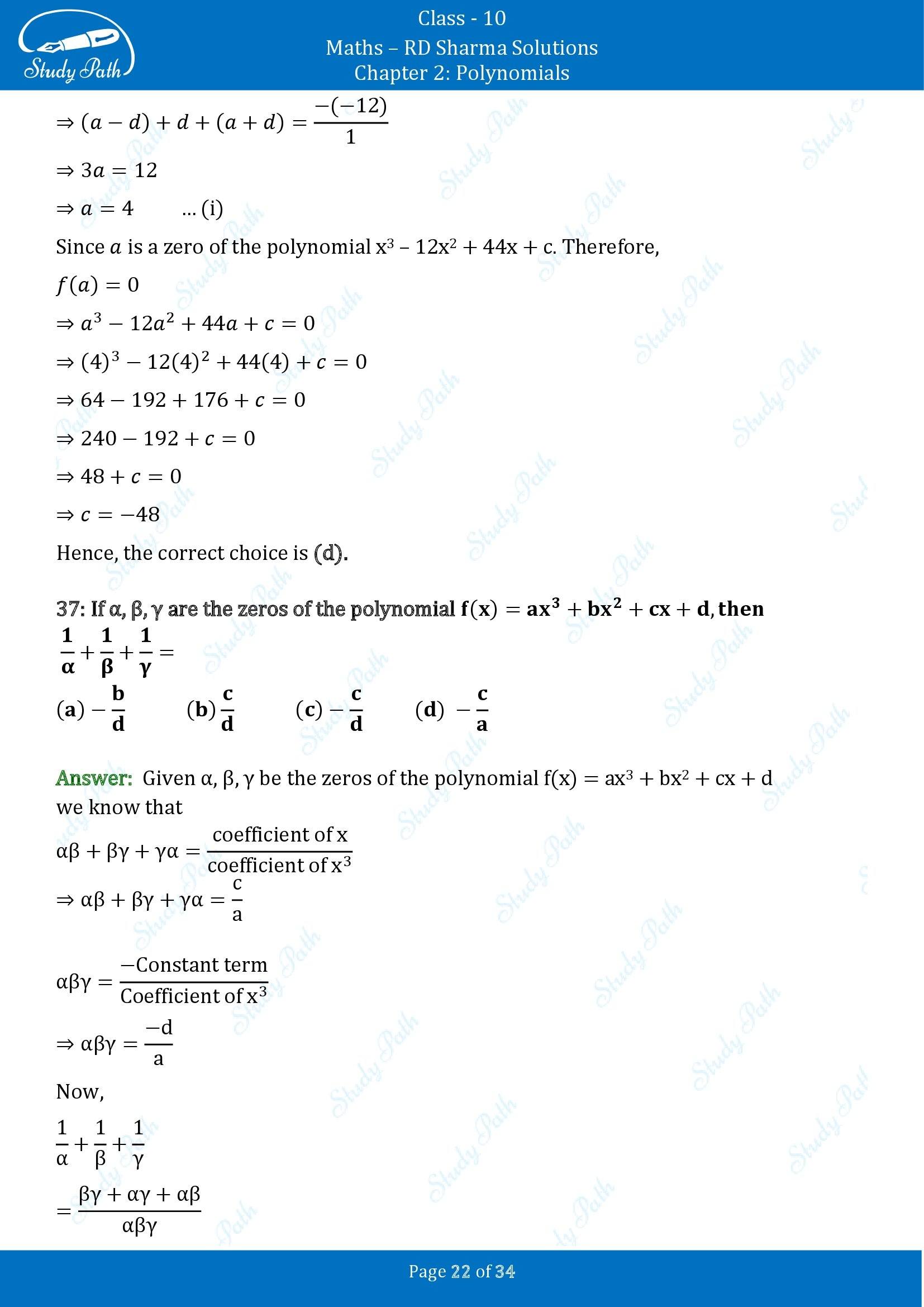 RD Sharma Solutions Class 10 Chapter 2 Polynomials Multiple Choice Questions MCQs 00022