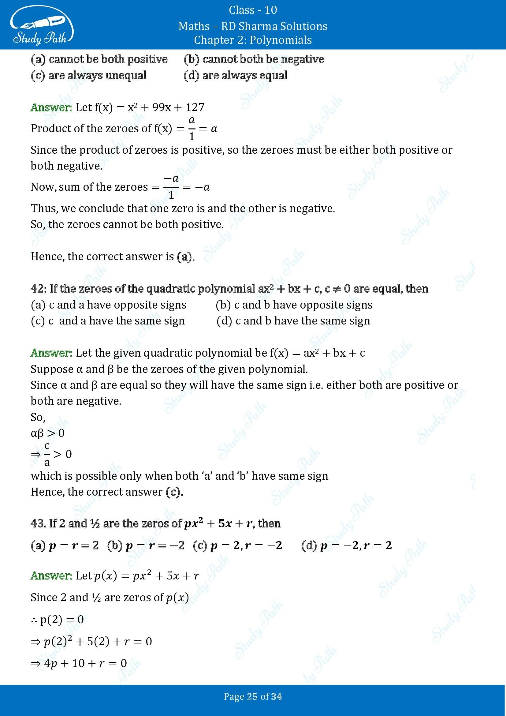 RD Sharma Solutions Class 10 Chapter 2 Polynomials Multiple Choice Questions MCQs 00025