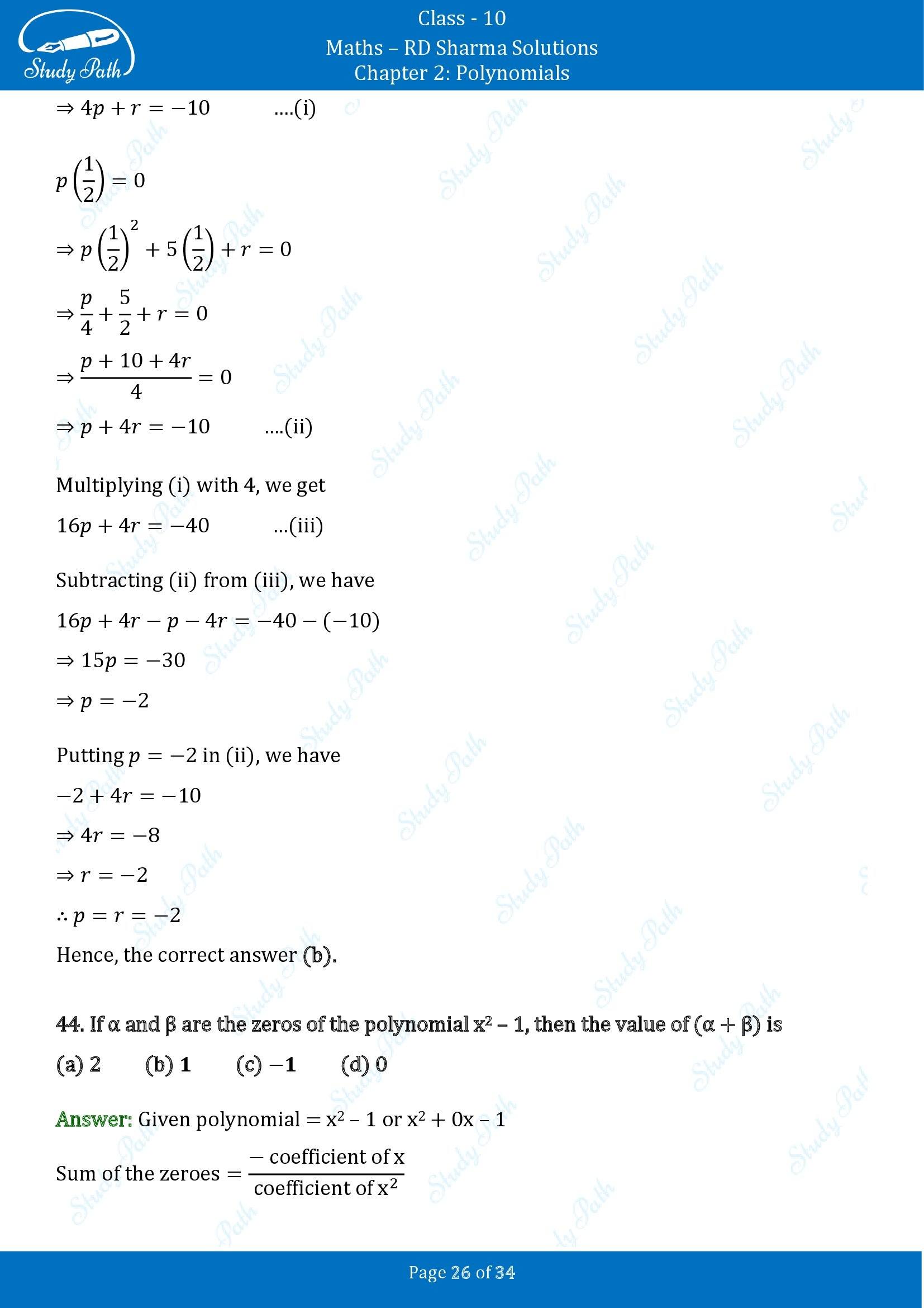 RD Sharma Solutions Class 10 Chapter 2 Polynomials Multiple Choice Questions MCQs 00026
