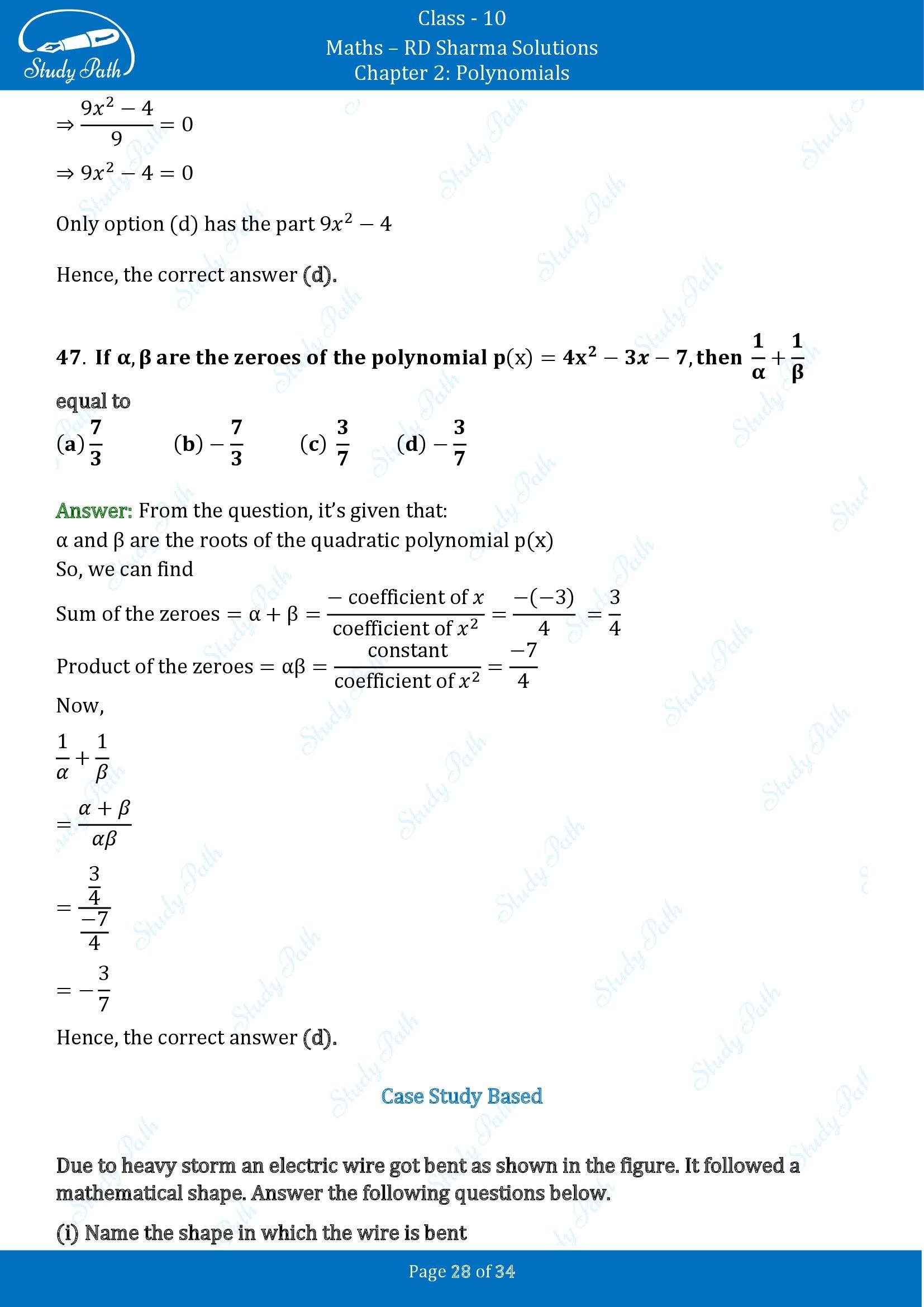 RD Sharma Solutions Class 10 Chapter 2 Polynomials Multiple Choice Questions MCQs 00028