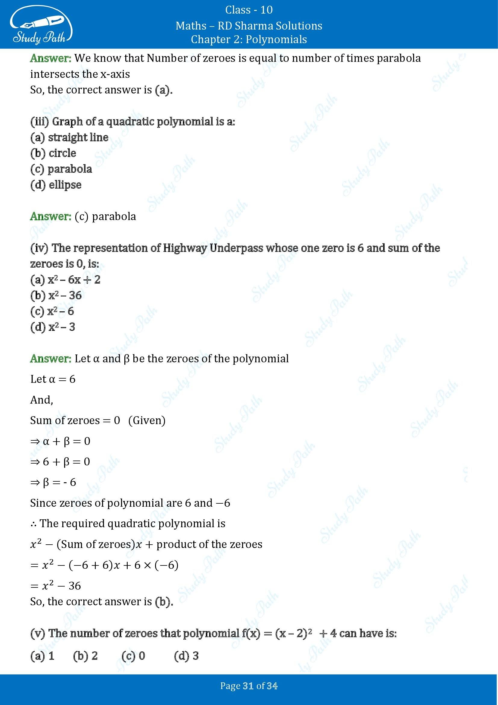 RD Sharma Solutions Class 10 Chapter 2 Polynomials Multiple Choice Questions MCQs 00031