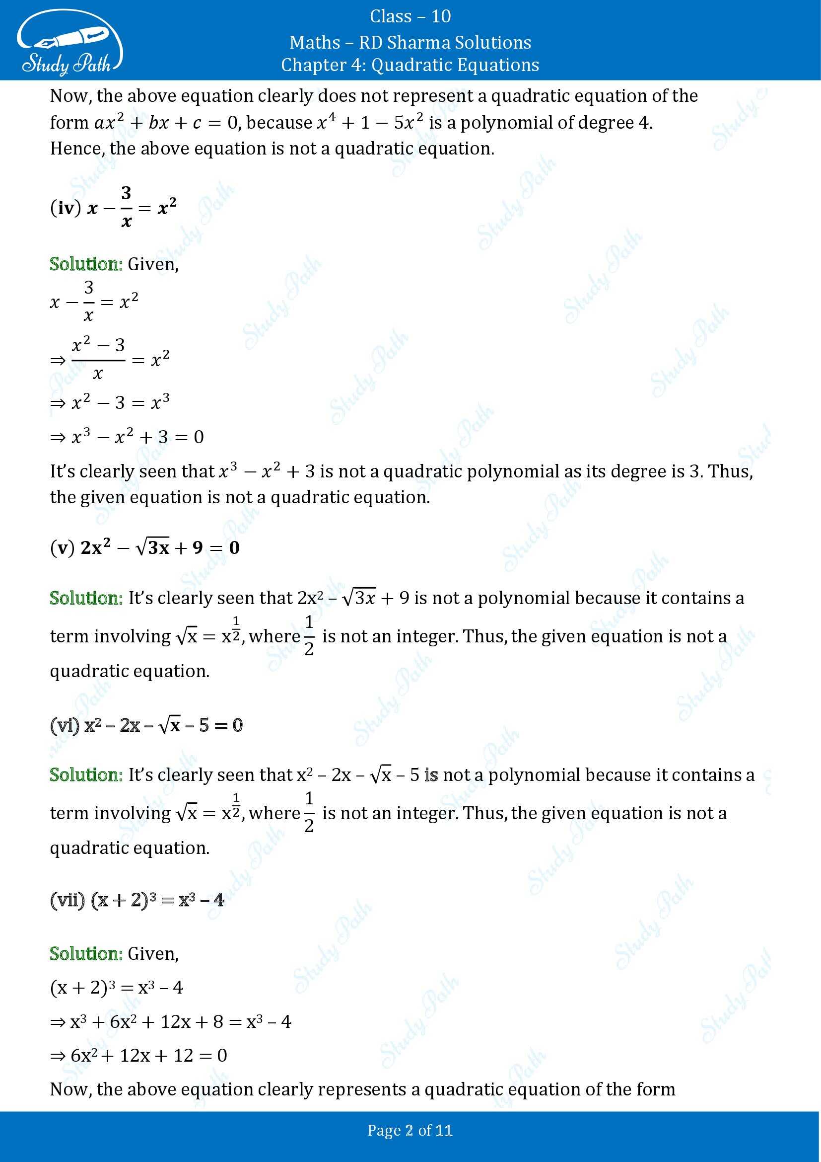 RD Sharma Solutions Class 10 Chapter 4 Quadratic Equations Exercise 4.1 00002