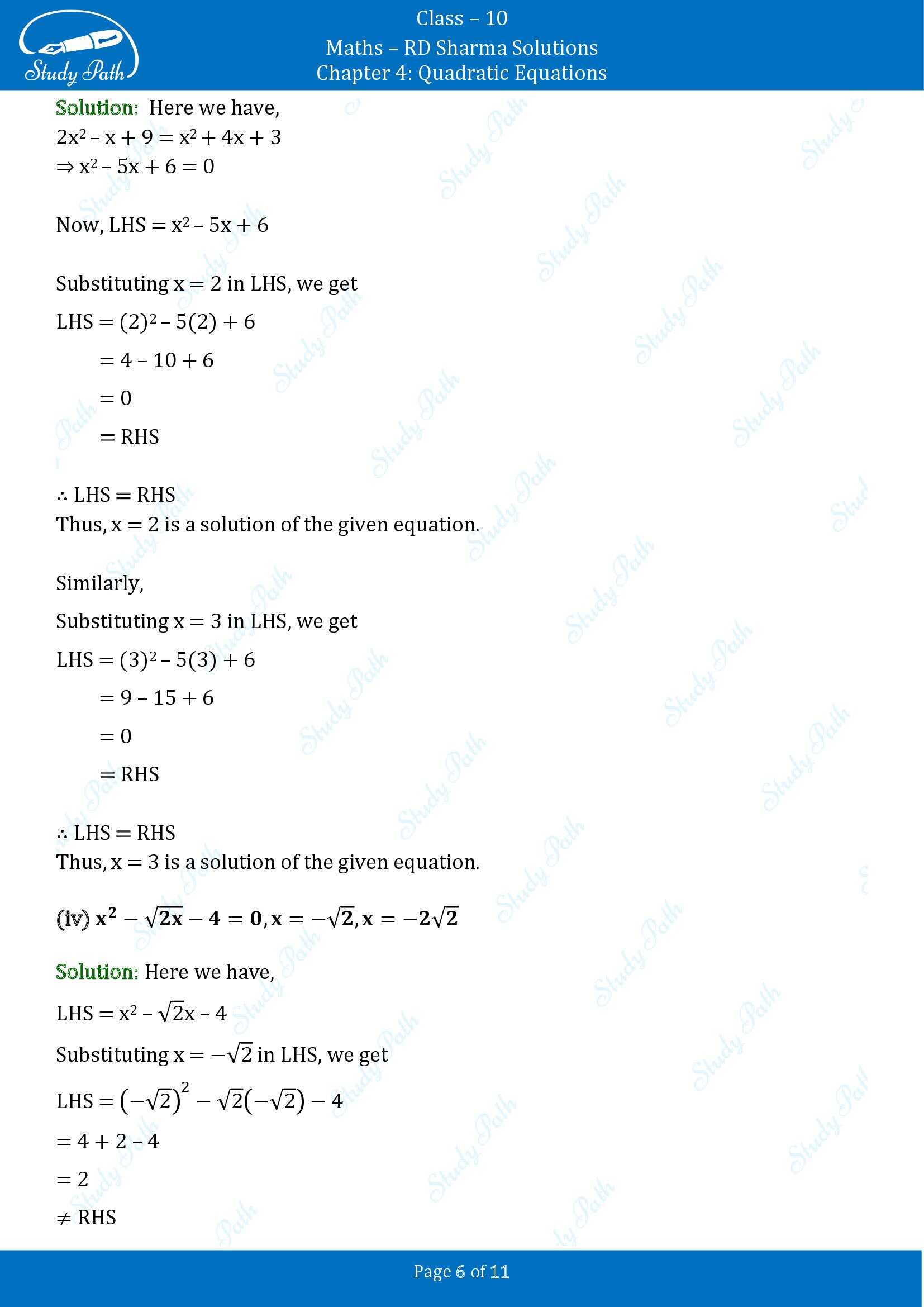 RD Sharma Solutions Class 10 Chapter 4 Quadratic Equations Exercise 4.1 00006