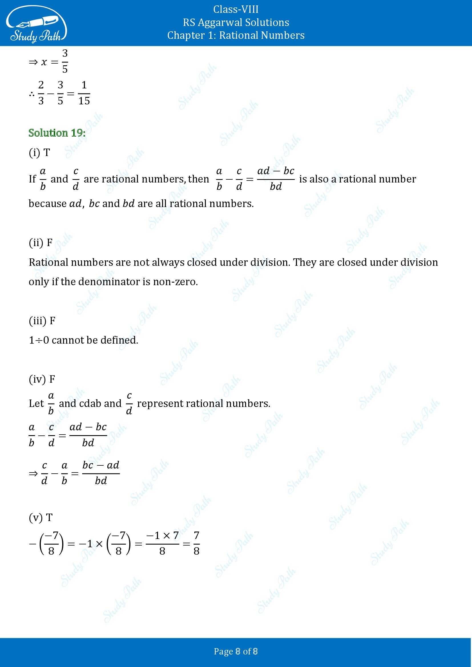 RS Aggarwal Solutions Class 8 Chapter 1 Rational Numbers Test Paper 00008