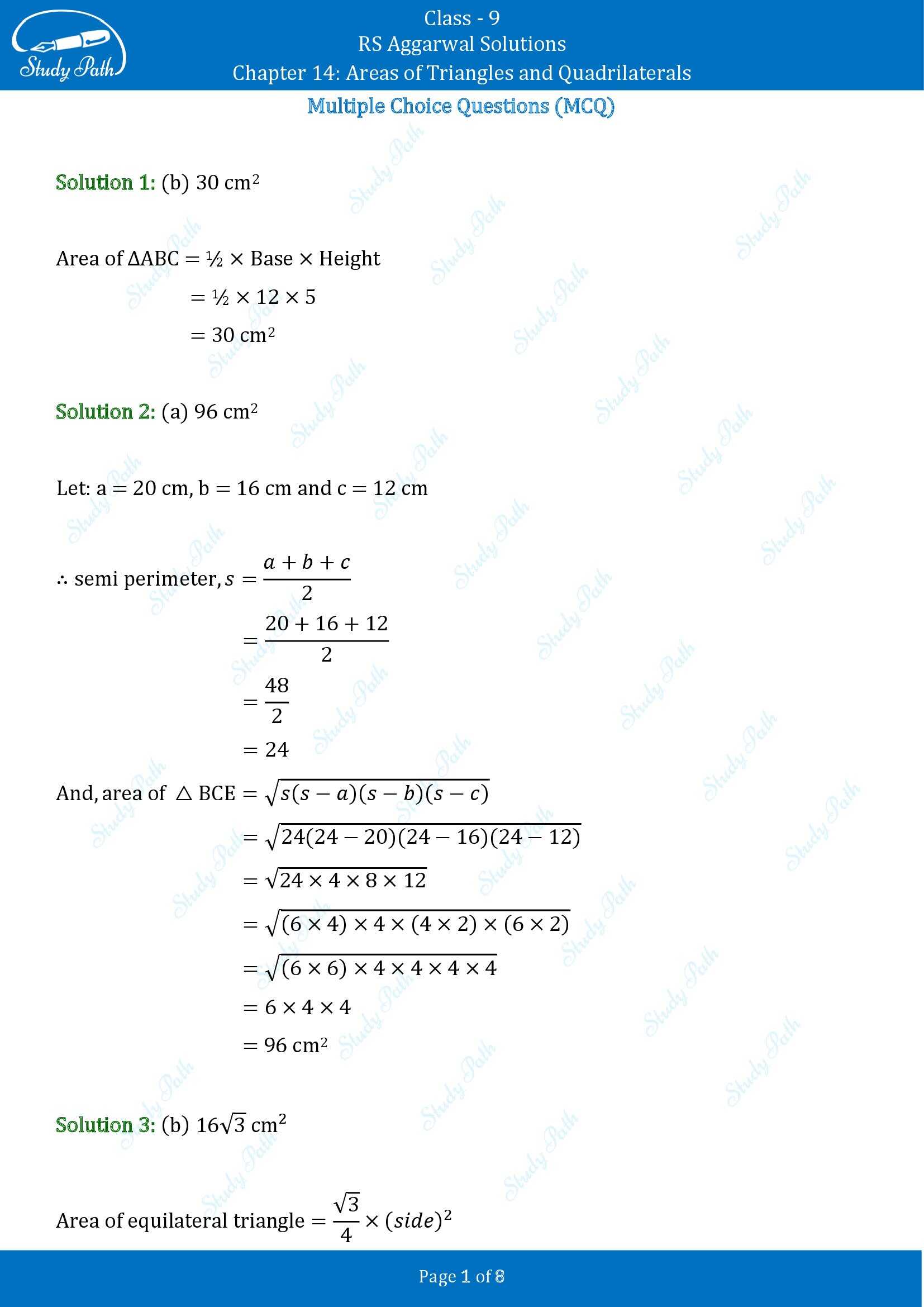 RS Aggarwal Solutions Class 9 Chapter 14 Areas of Triangles and Quadrilaterals Multiple Choice Questions MCQs 00001