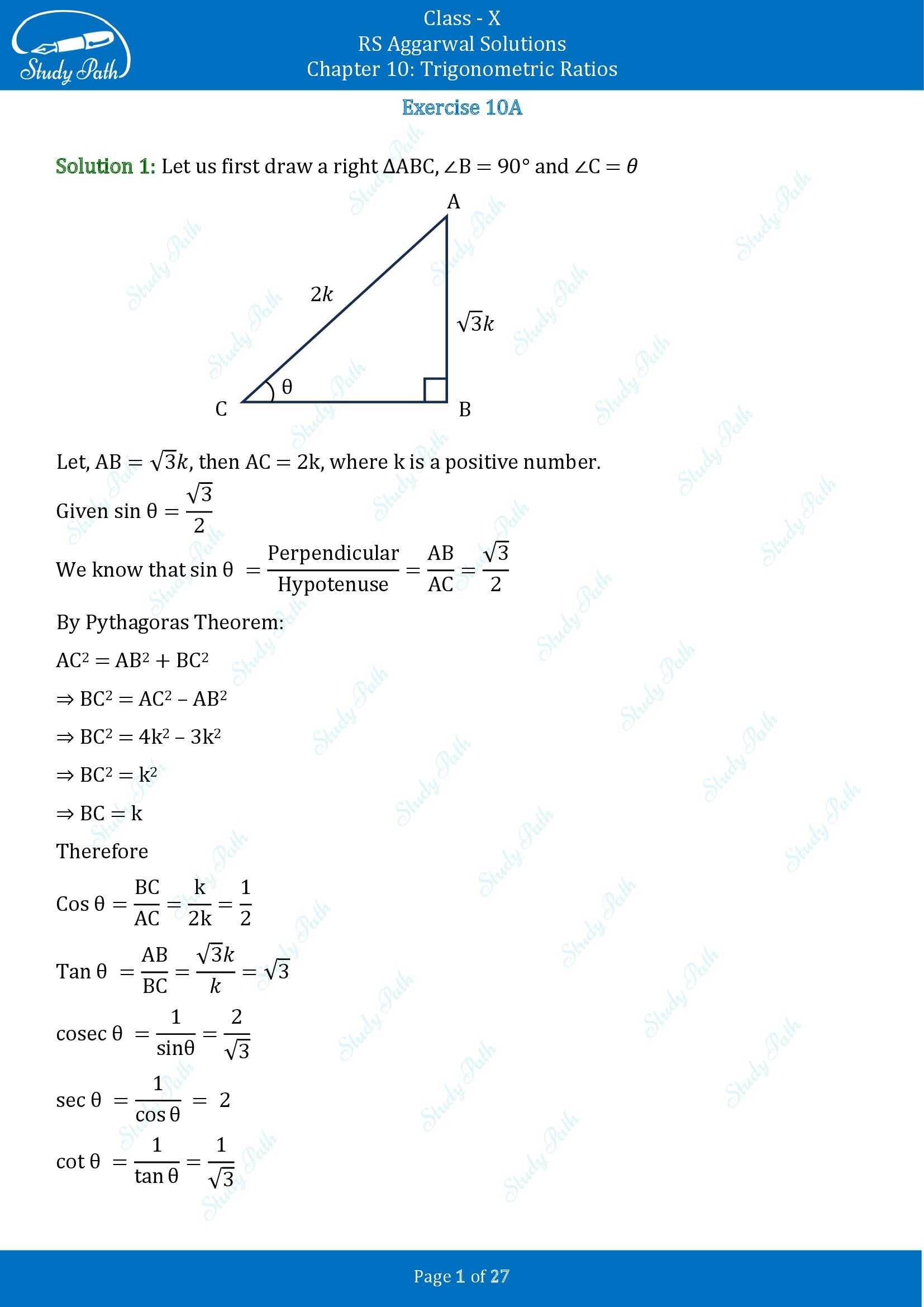 RS Aggarwal Solutions for Class 10 Chapter 10 Trigonometric Ratios Exercise 10 00001