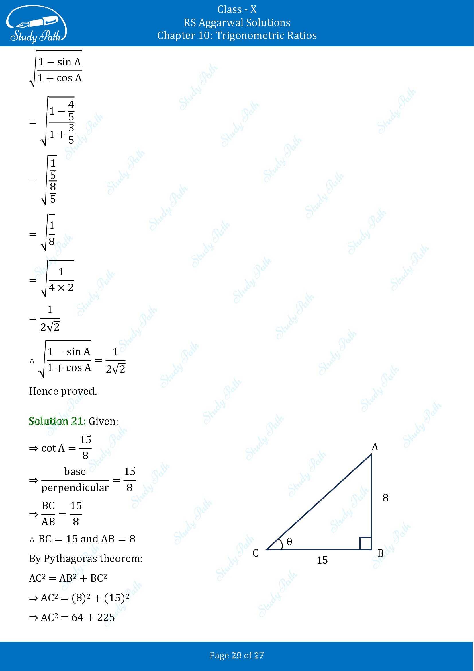 RS Aggarwal Solutions for Class 10 Chapter 10 Trigonometric Ratios Exercise 10 00020