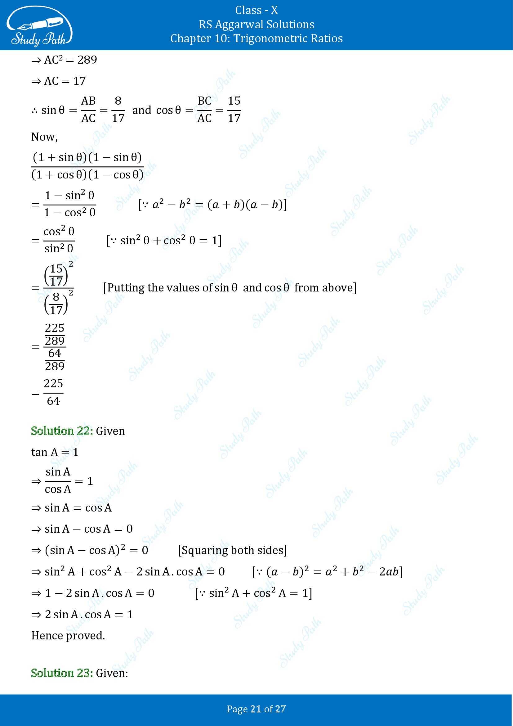 RS Aggarwal Solutions for Class 10 Chapter 10 Trigonometric Ratios Exercise 10 00021