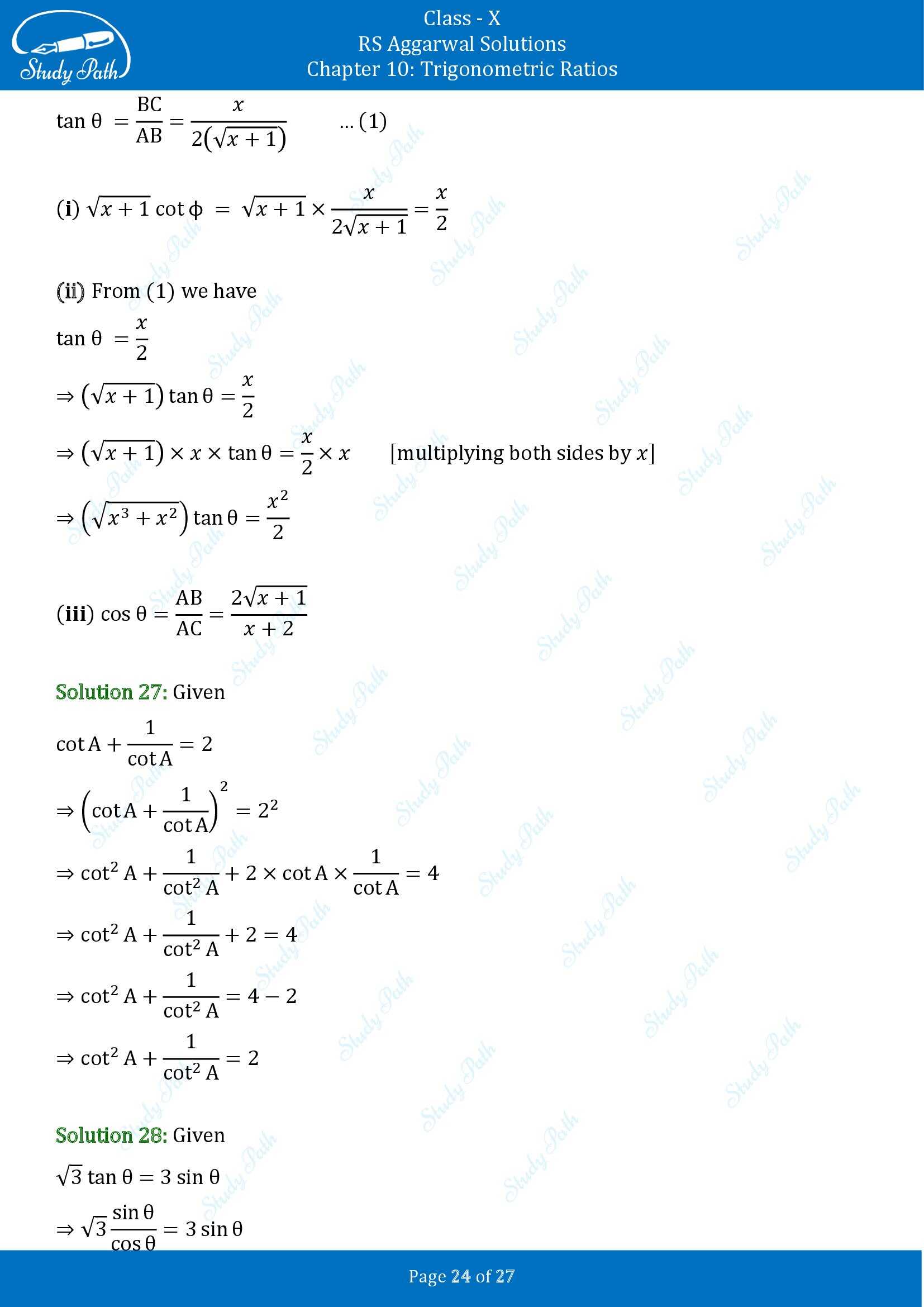 RS Aggarwal Solutions for Class 10 Chapter 10 Trigonometric Ratios Exercise 10 00024