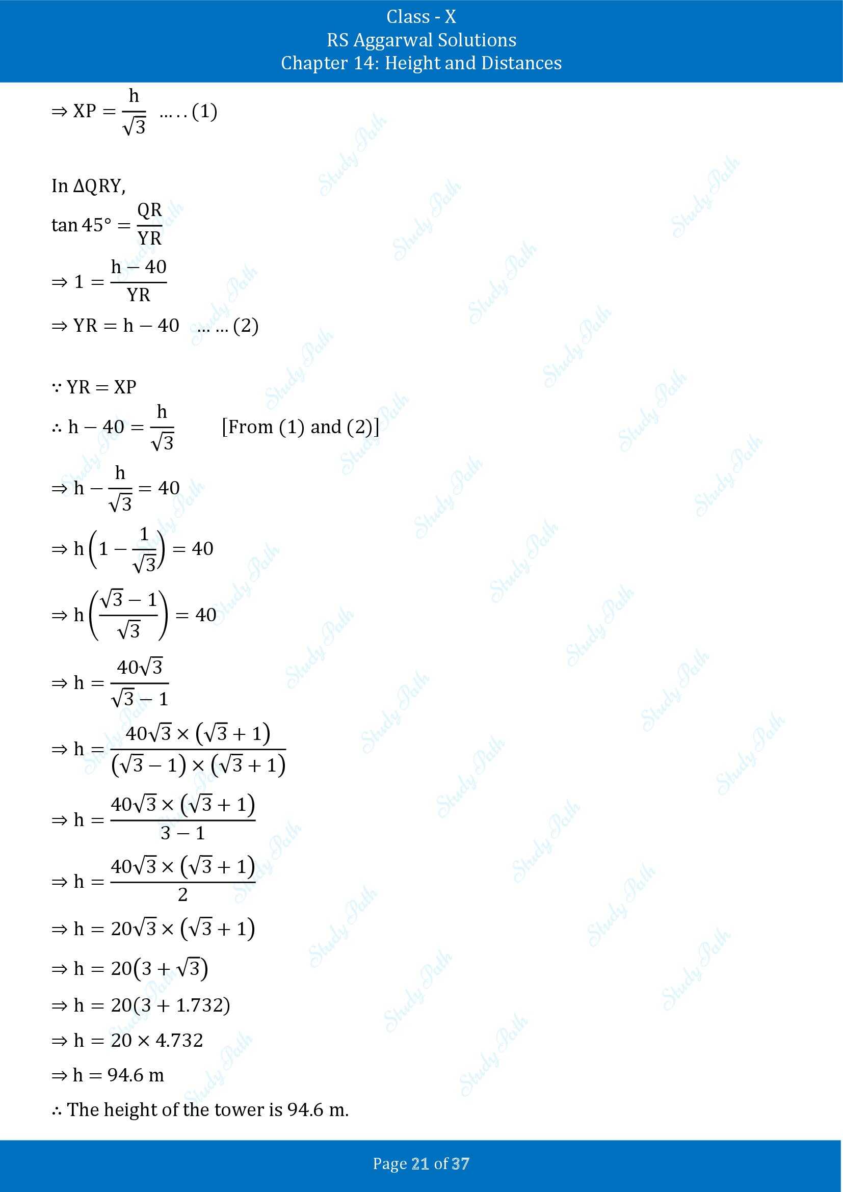 RS Aggarwal Solutions for Class 10 Chapter 14 Height and Distances Exercise 14 00021