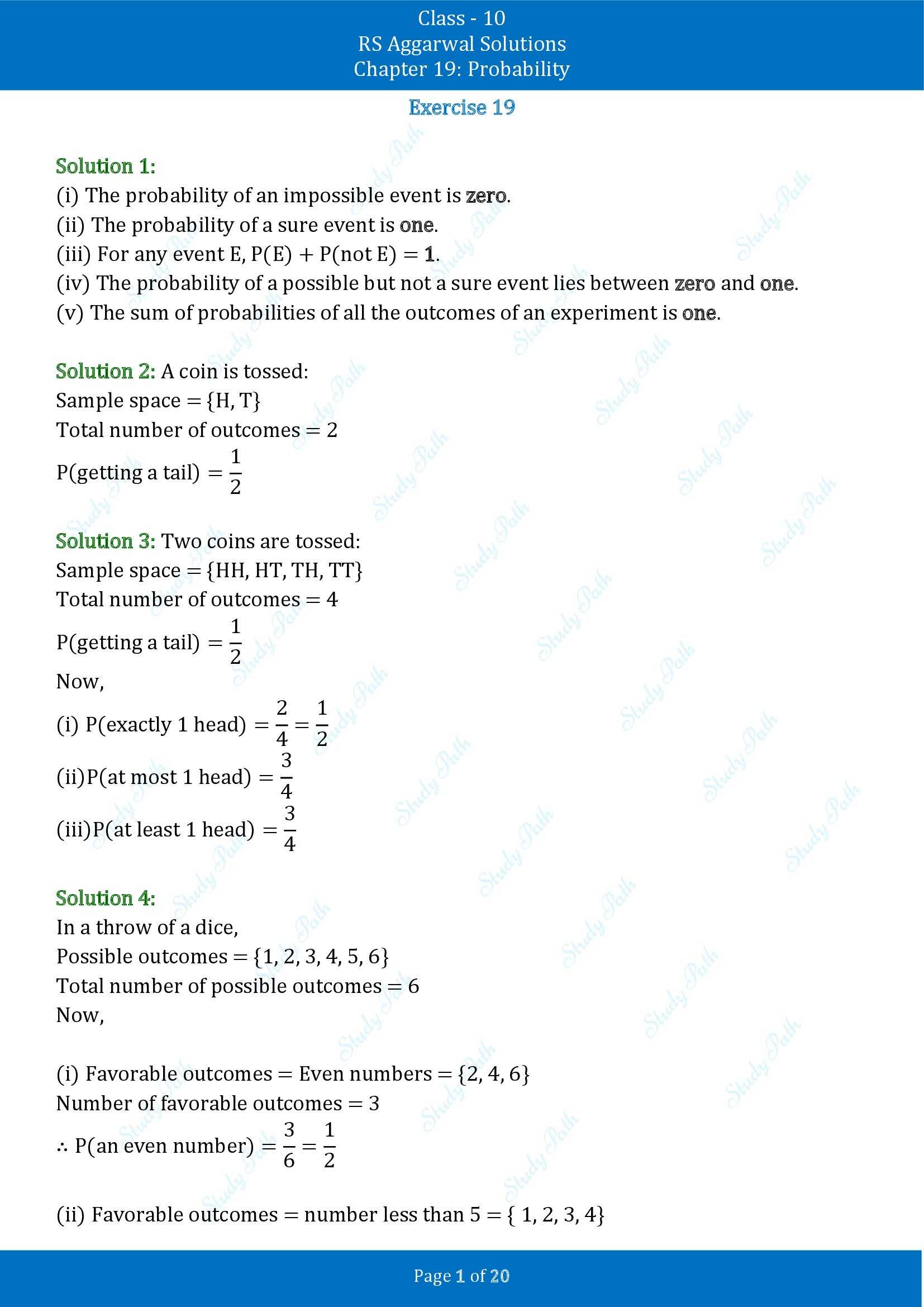 RS Aggarwal Solutions for Class 10 Chapter 19 Probability Exercise 19 00001