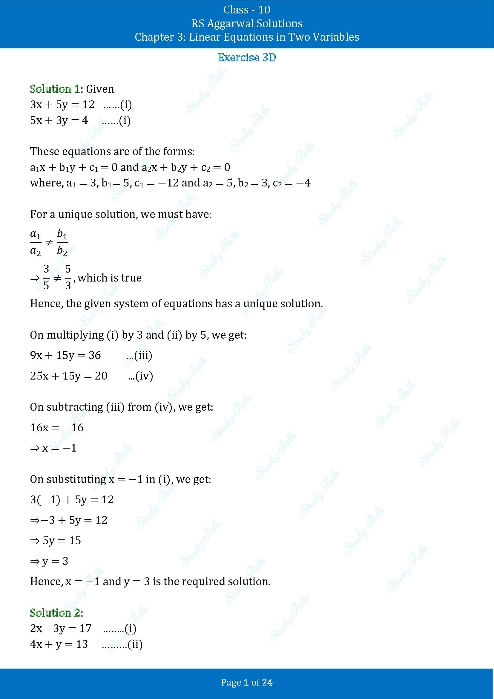 RS Aggarwal Solutions for Class 10 Chapter 3 Linear Equations in Two Variables Exercise 3D 00001