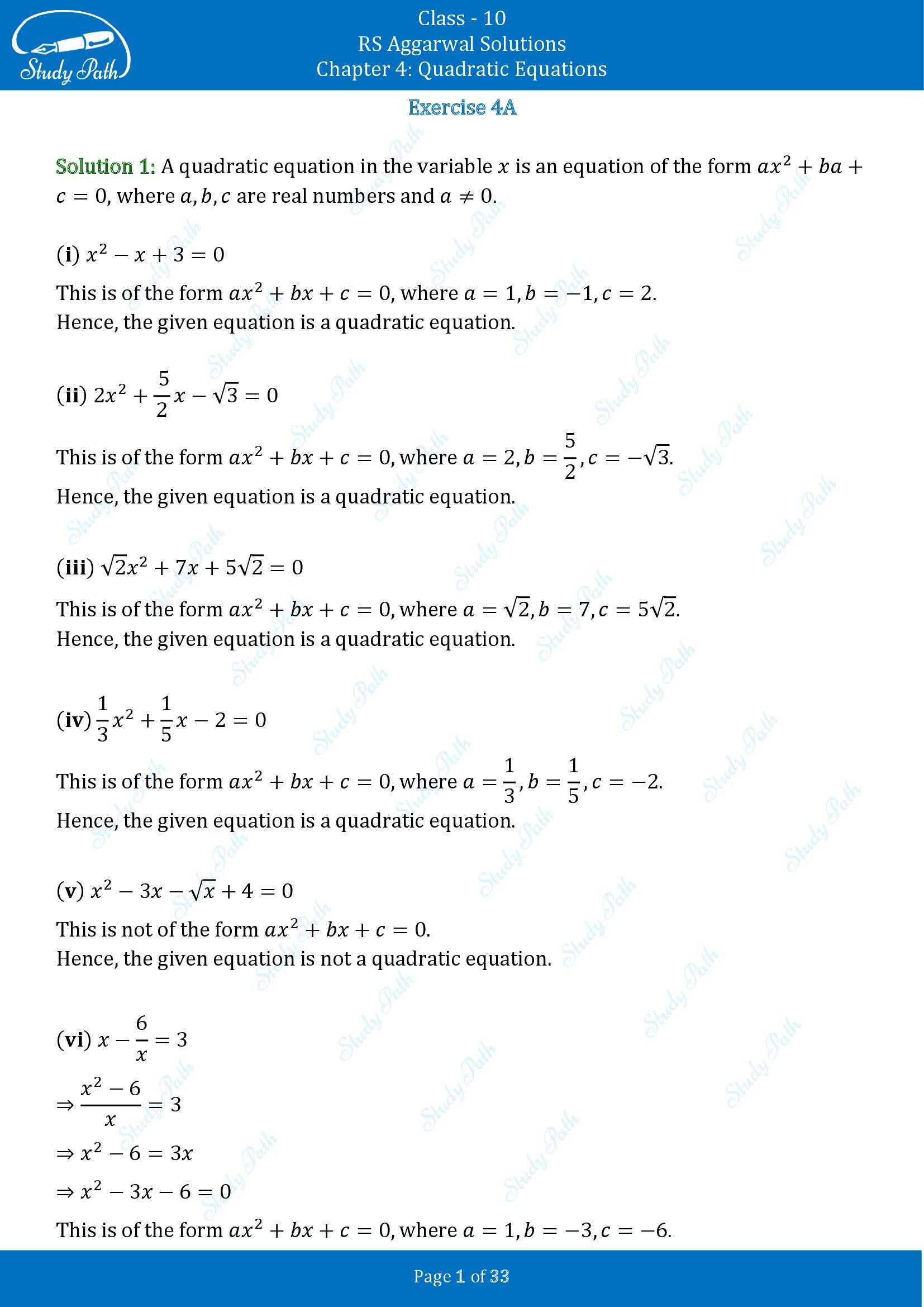 RS Aggarwal Solutions for Class 10 Chapter 4 Quadratic Equations Exercise 4A 00001