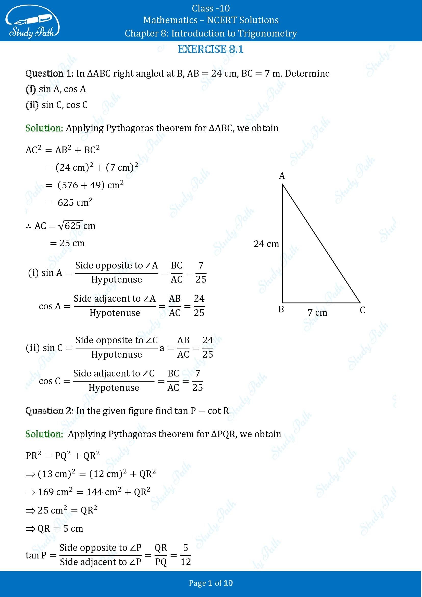 NCERT Solutions for Class 10 Maths Chapter 8 Introduction to Trigonometry Exercise 8.1 00001
