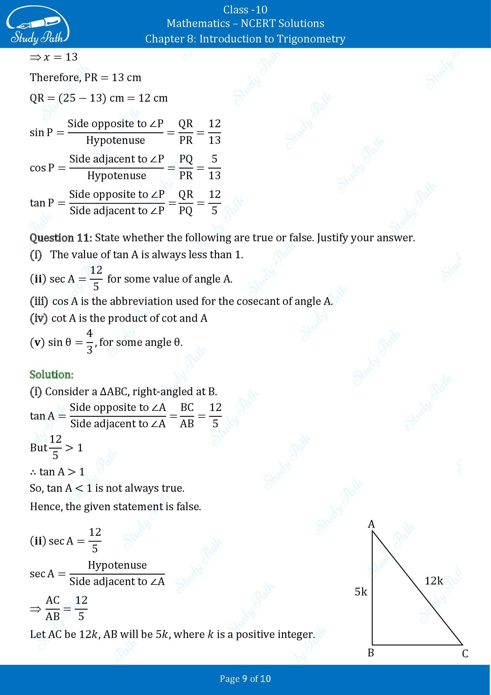 NCERT Solutions for Class 10 Maths Chapter 8 Introduction to Trigonometry Exercise 8.1 00009