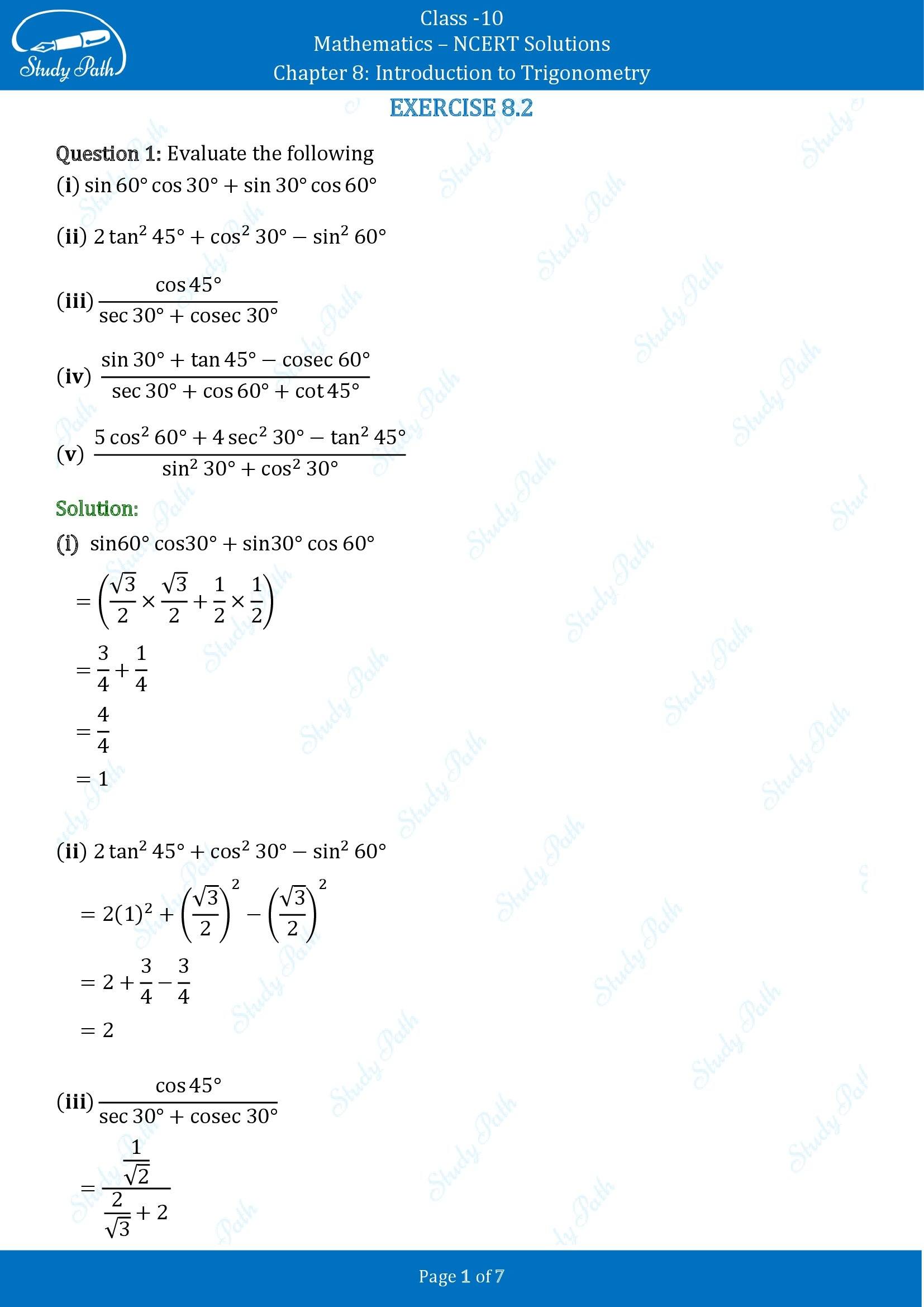 NCERT Solutions for Class 10 Maths Chapter 8 Introduction to Trigonometry Exercise 8.2 00001