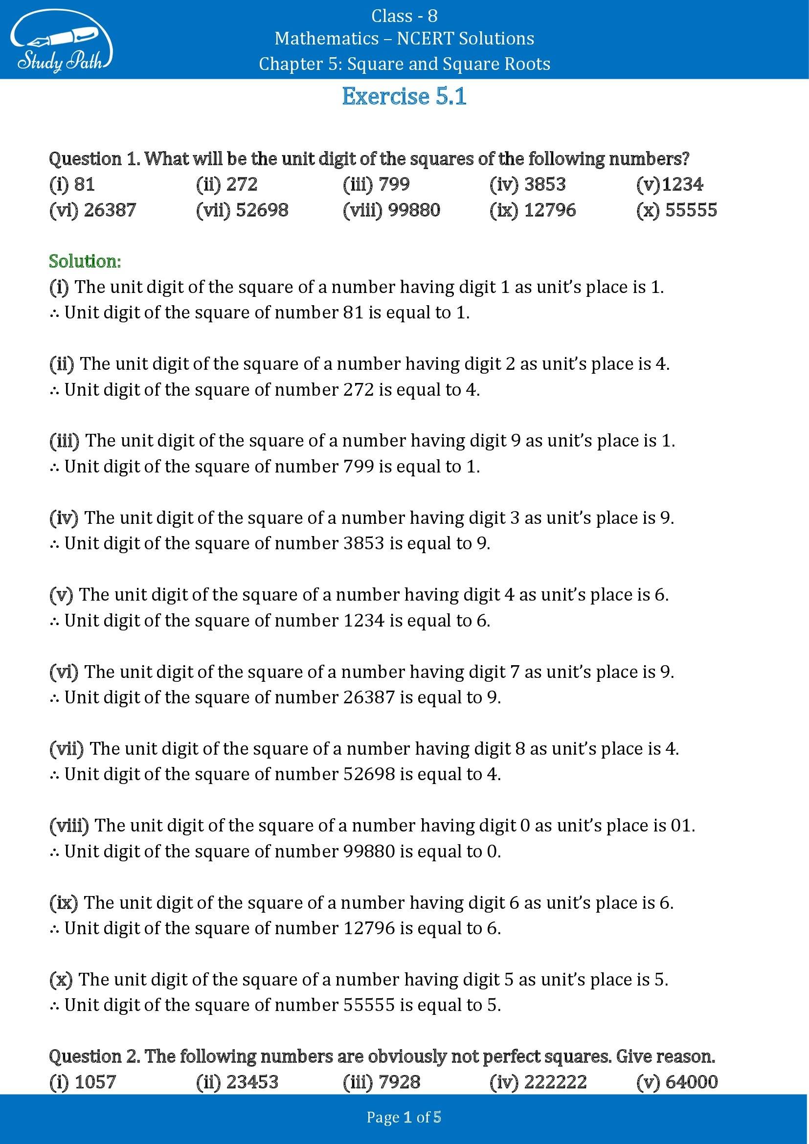 NCERT Solutions for Class 8 Maths Chapter 5 Squares and Square Roots Exercise 5.1 00001