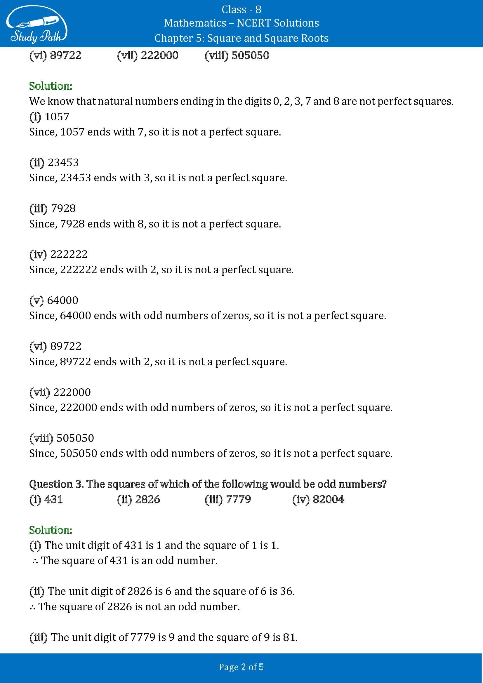 NCERT Solutions for Class 8 Maths Chapter 5 Squares and Square Roots Exercise 5.1 00002
