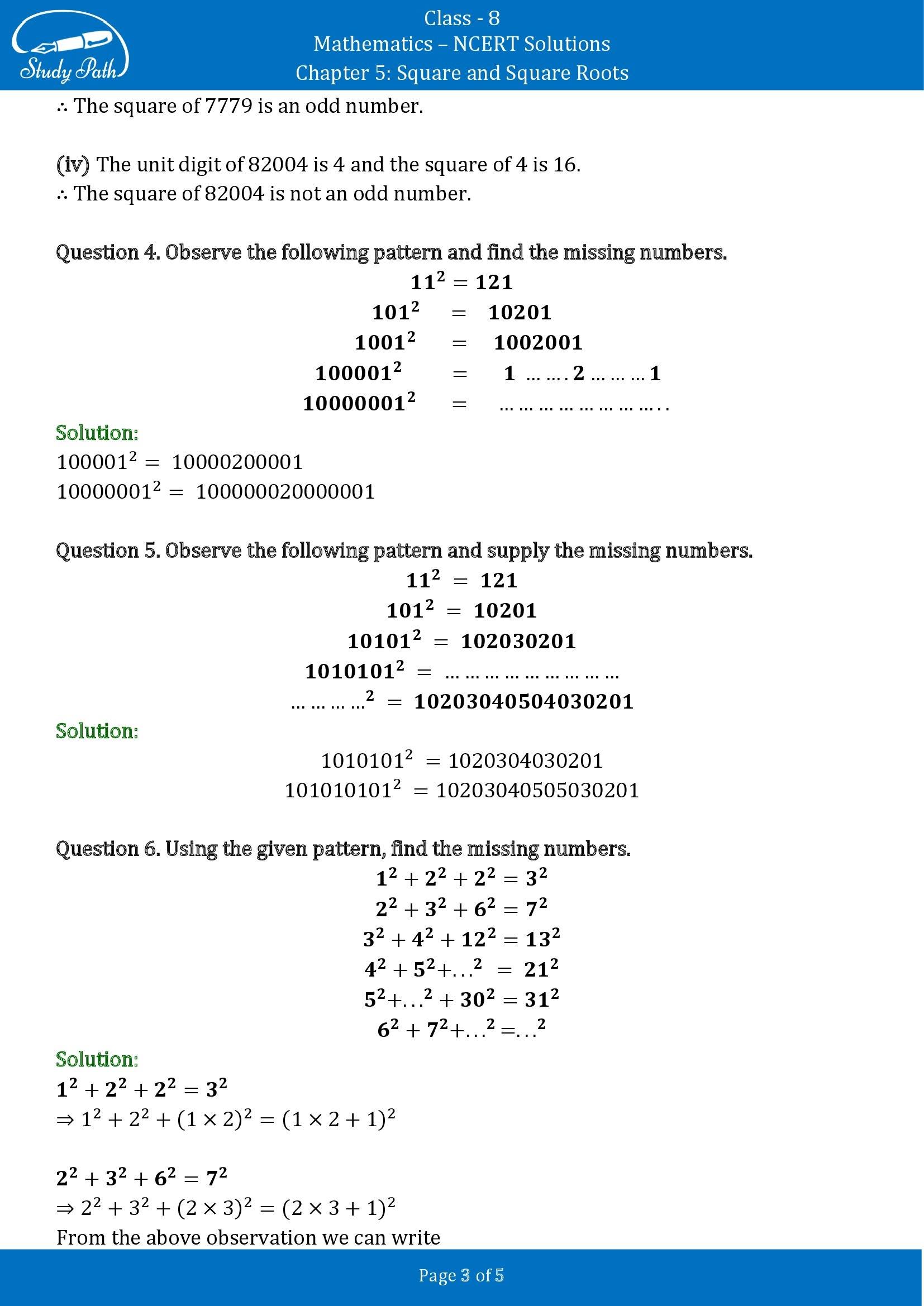 NCERT Solutions for Class 8 Maths Chapter 5 Squares and Square Roots Exercise 5.1 00003