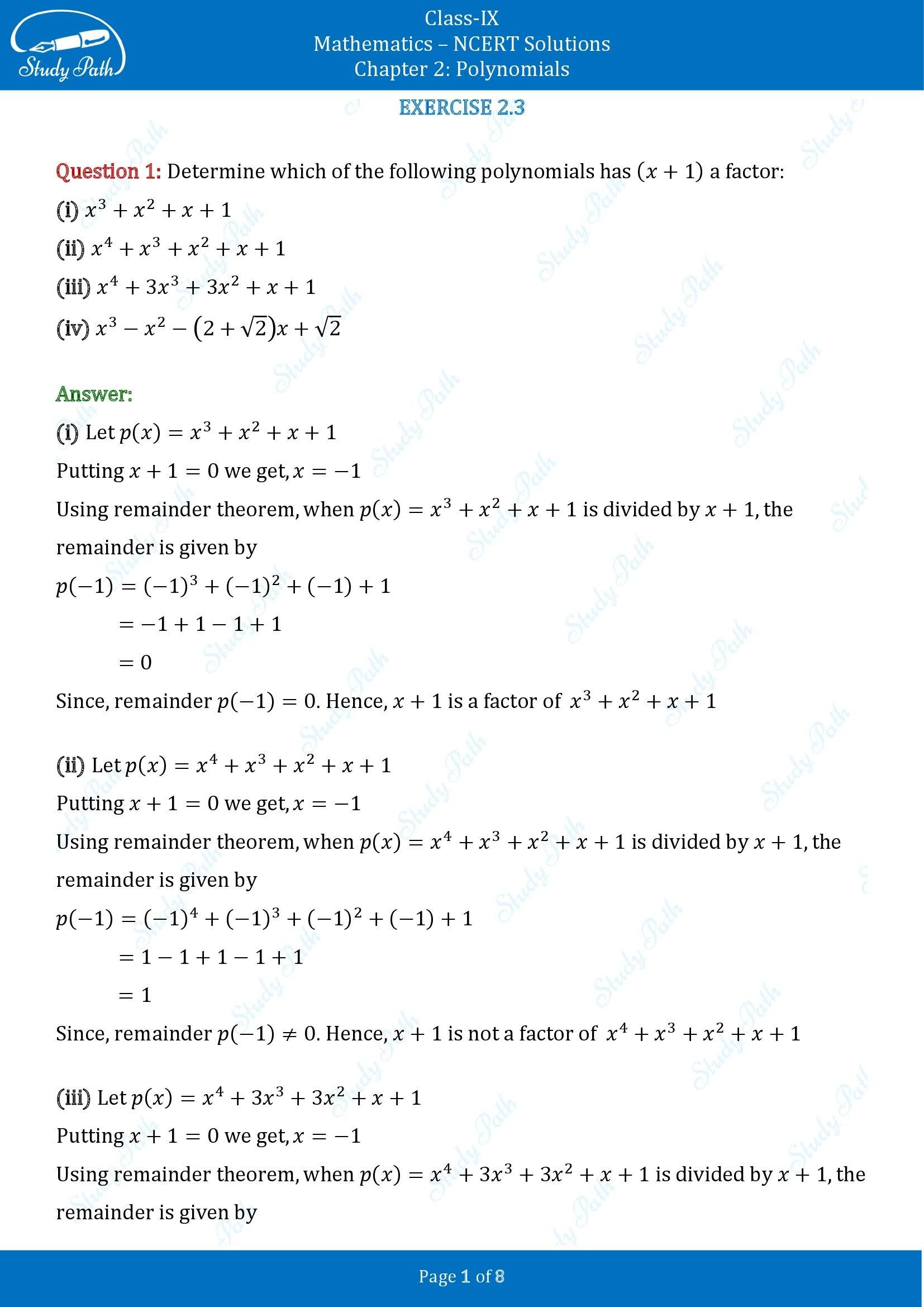 NCERT Solutions for Class 9 Maths Chapter 2 Polynomials Exercise 2.3 00001