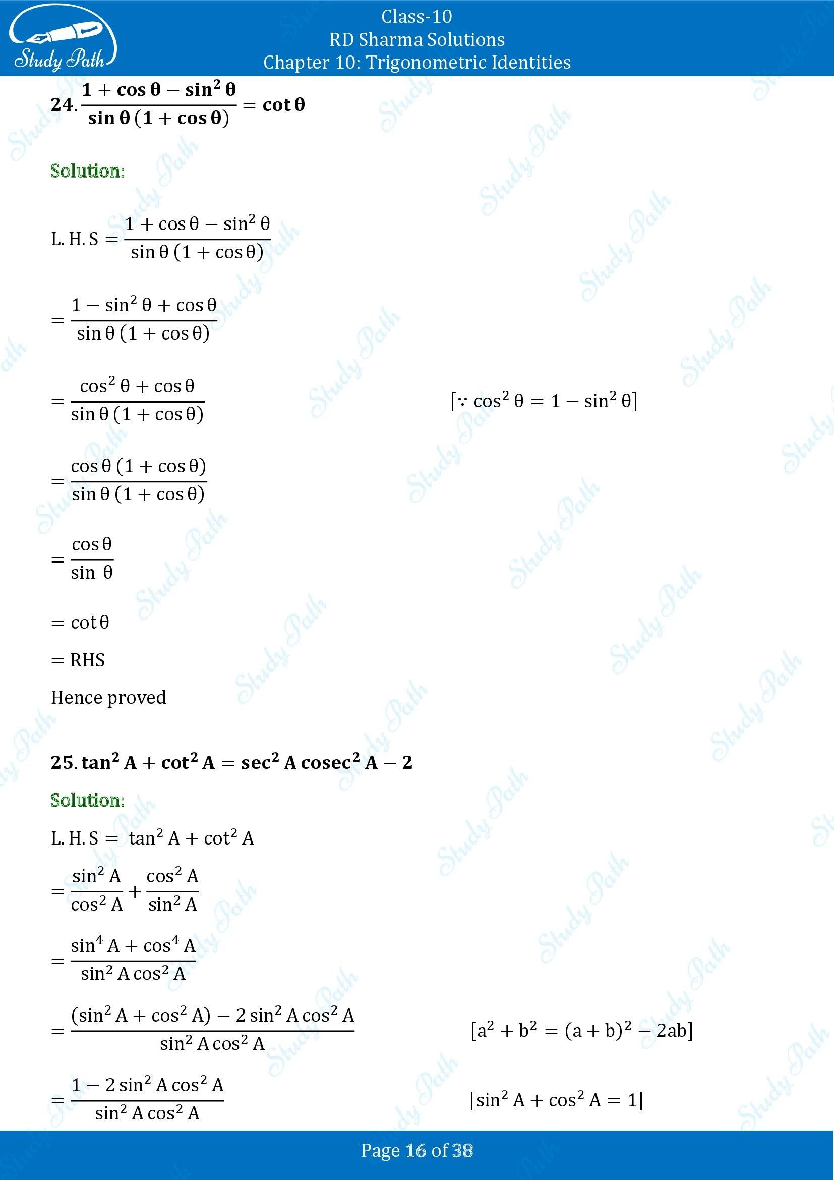 RD Sharma Solutions Class 10 Chapter 10 Trigonometric Identities Exercise 10.1 00016