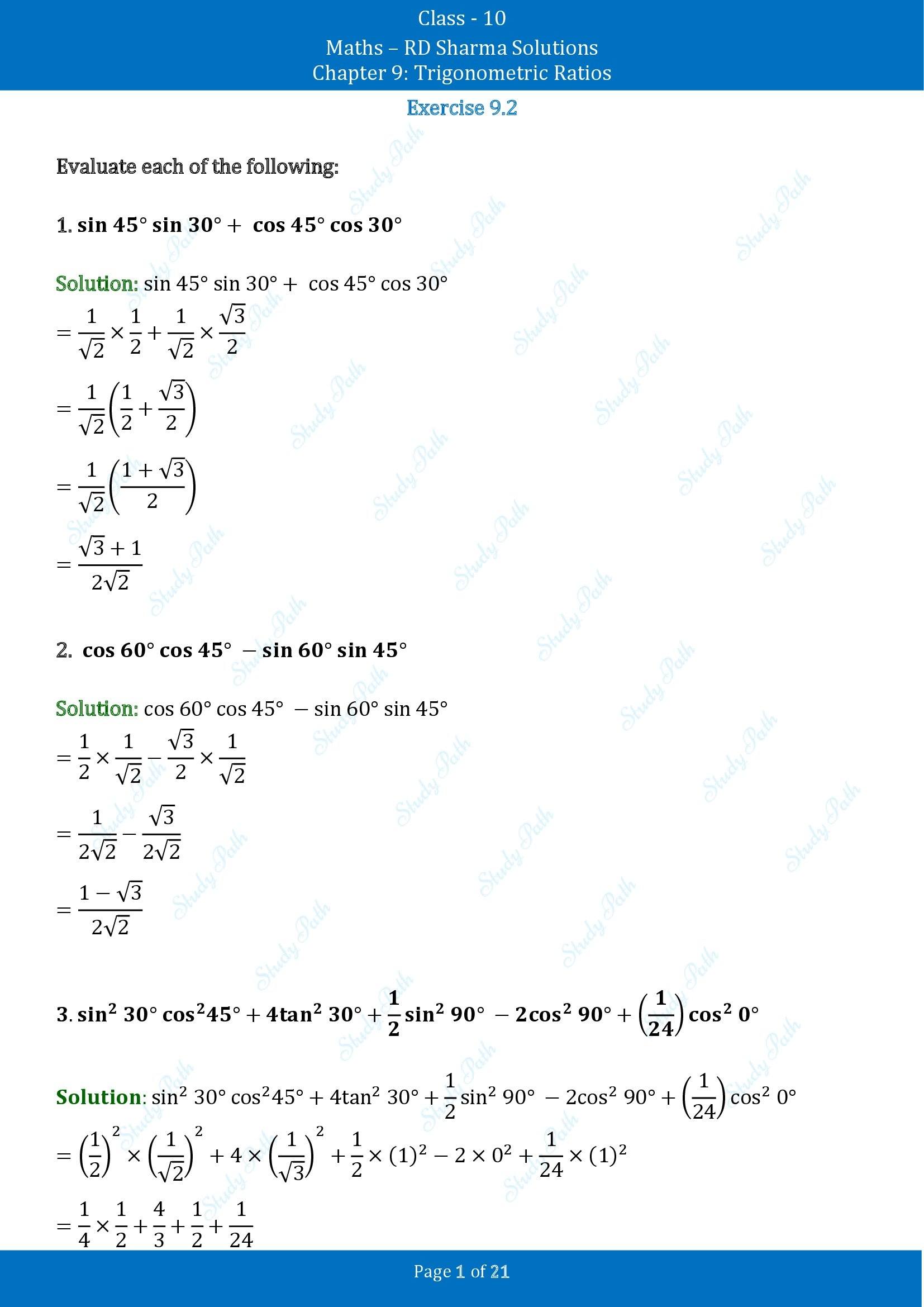 RD Sharma Solutions Class 10 Chapter 9 Trigonometric Ratios Exercise 9.2 00001