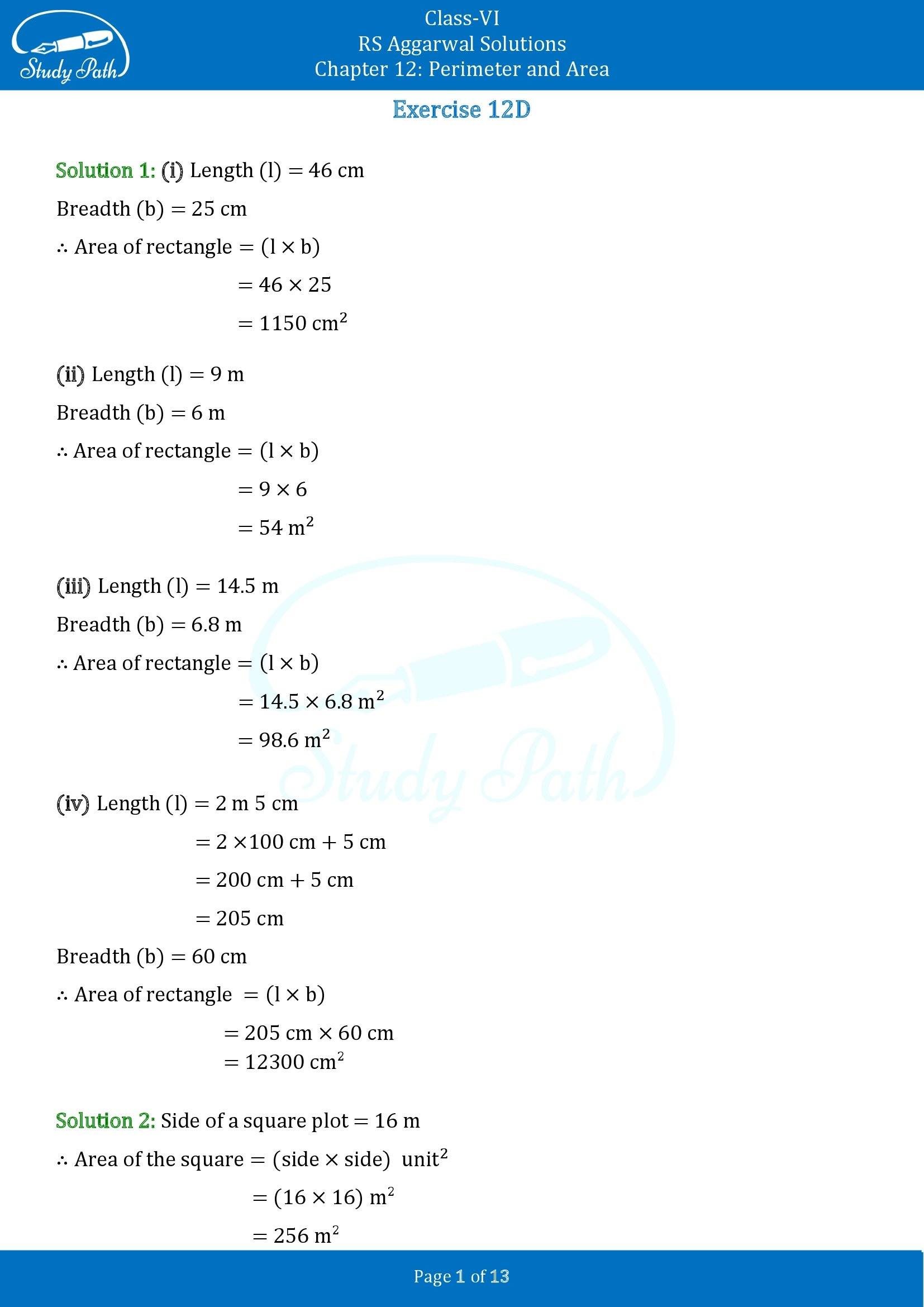 RS Aggarwal Solutions Class 6 Chapter 12 Perimeter and Area Exercise 12D 00001