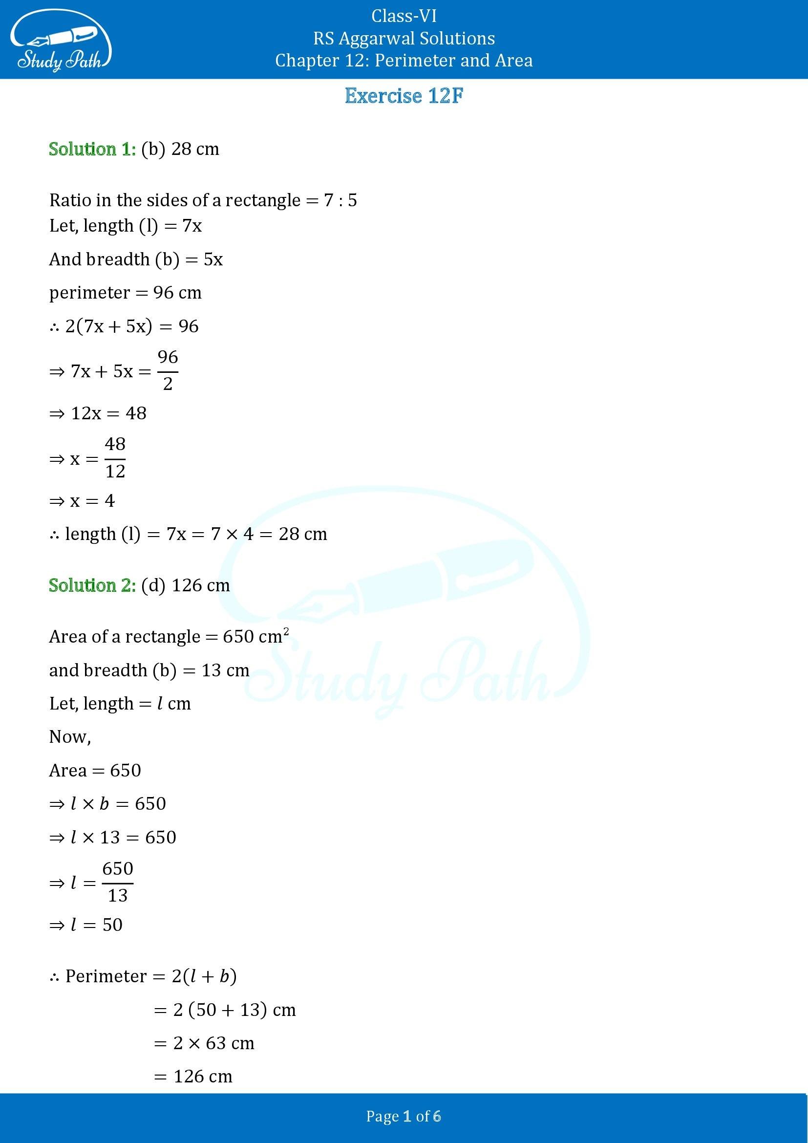 RS Aggarwal Solutions Class 6 Chapter 12 Perimeter and Area Exercise 12F MCQ 00001