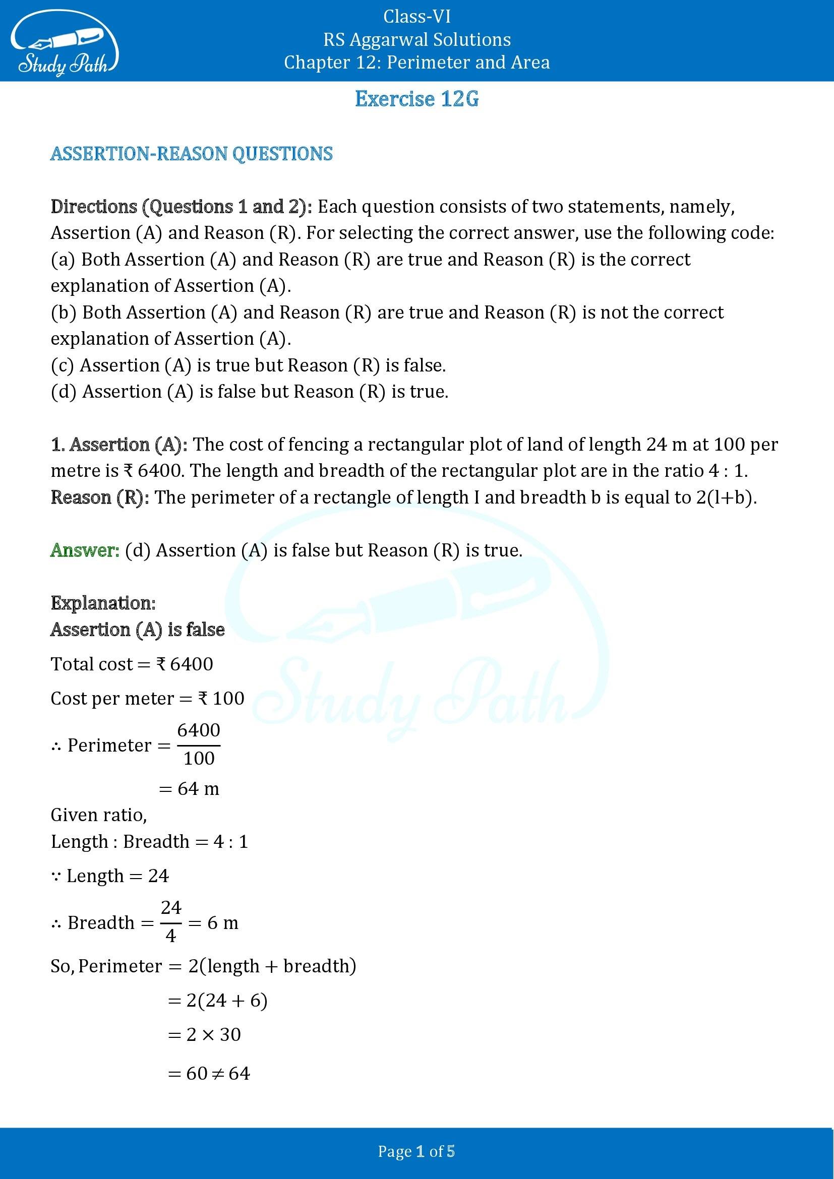 RS Aggarwal Solutions Class 6 Chapter 12 Perimeter and Area Exercise 12G 00001