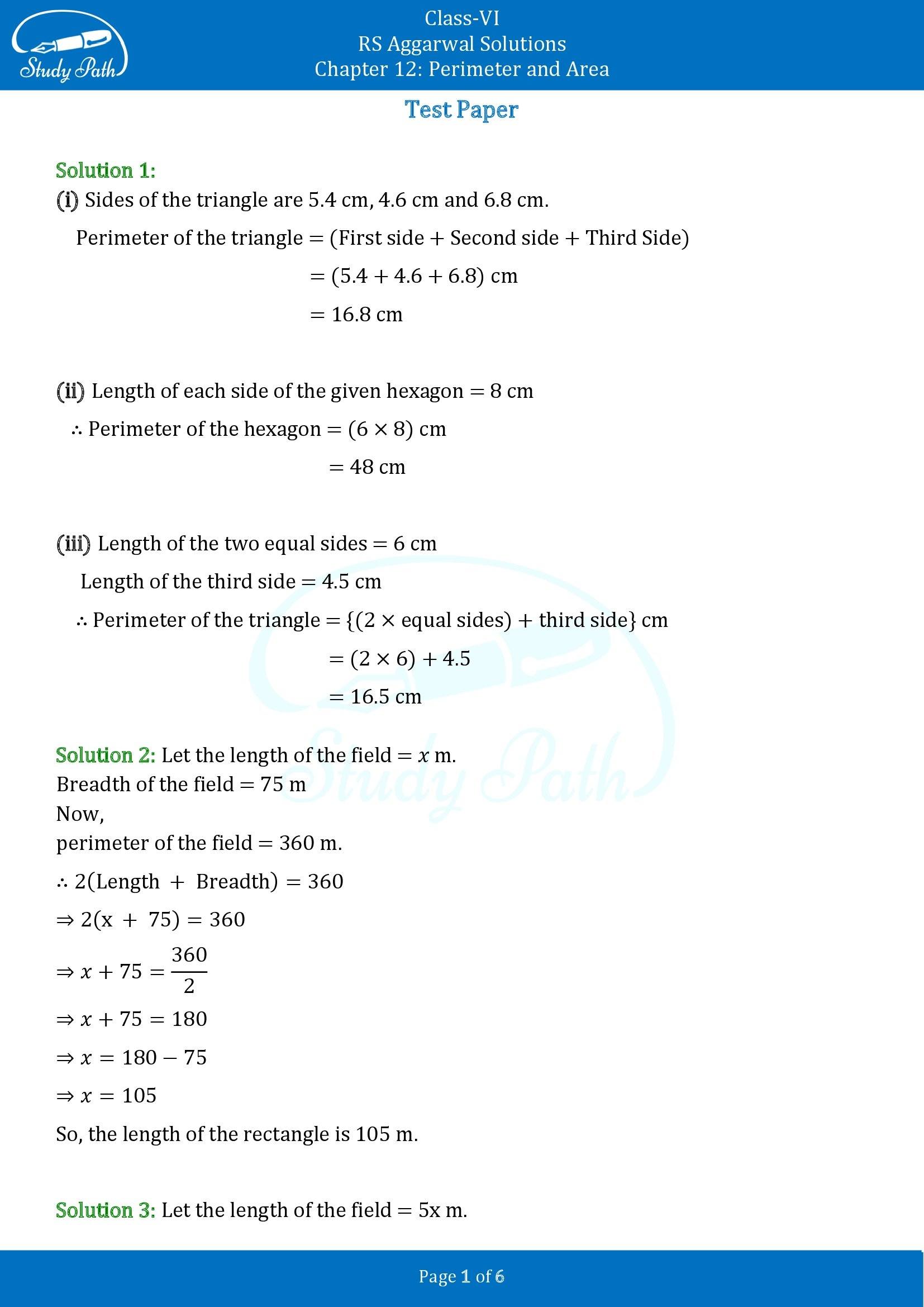 RS Aggarwal Solutions Class 6 Chapter 12 Perimeter and Area Test Paper 00001