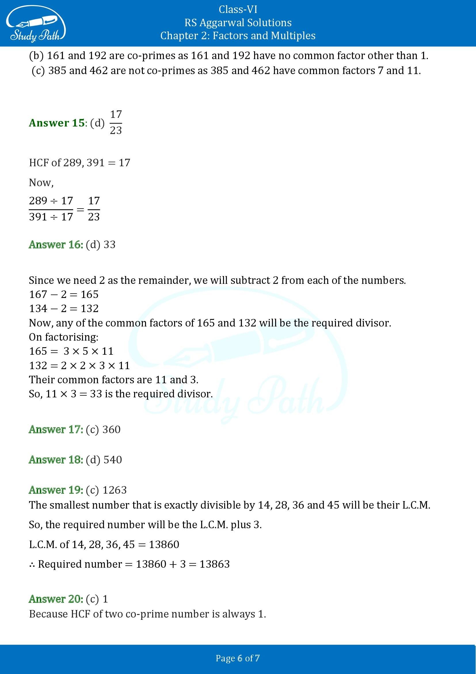 RS Aggarwal Solutions Class 6 Chapter 2 Factors and Multiples Exercise 2F MCQ 00006