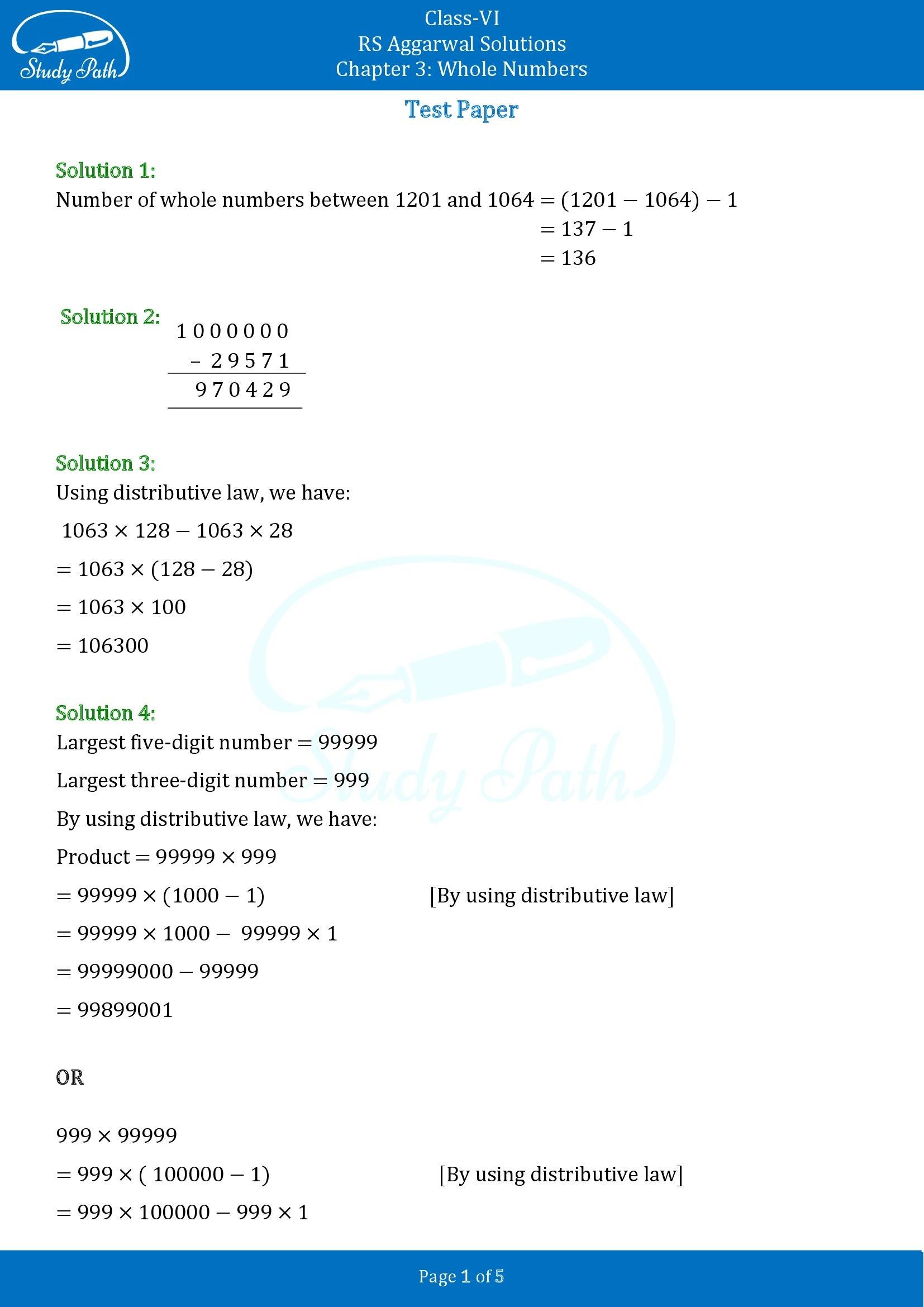RS Aggarwal Solutions Class 6 Chapter 3 Whole Numbers Test Paper 00001