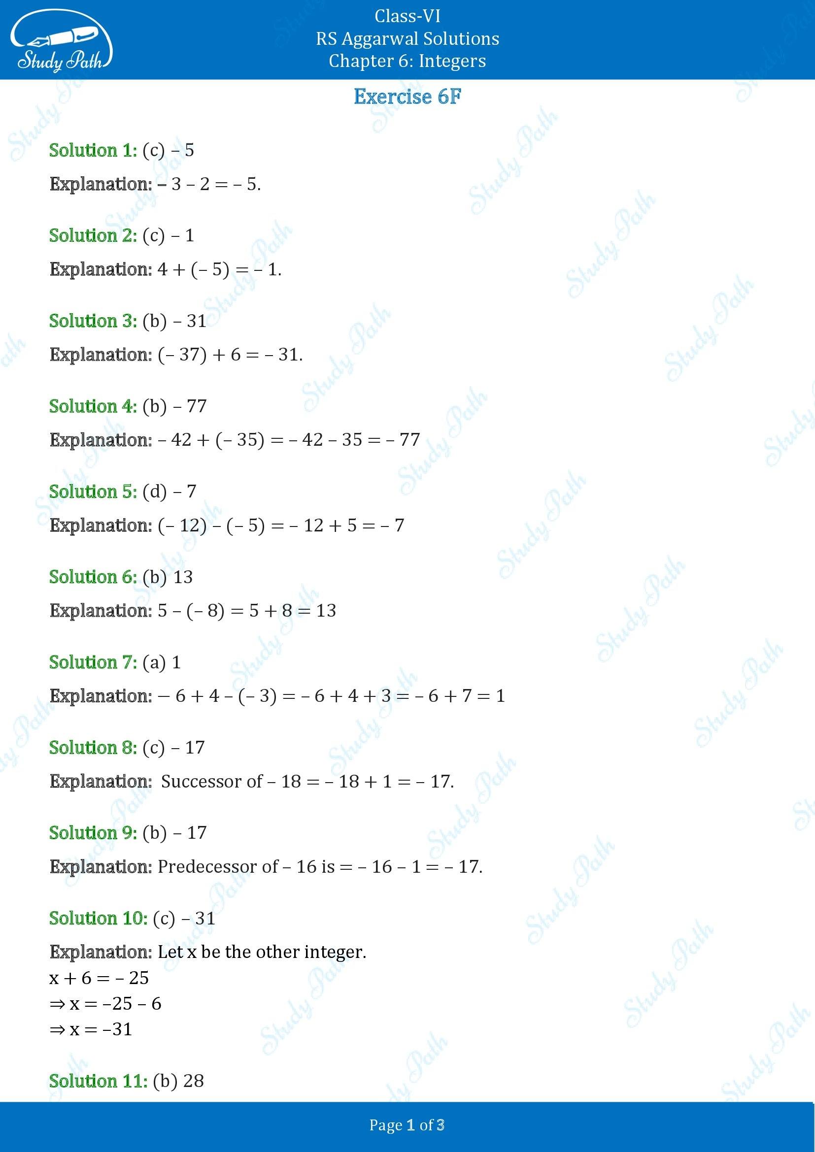 RS Aggarwal Solutions Class 6 Chapter 6 Integers Exercise 6F MCQ 00001
