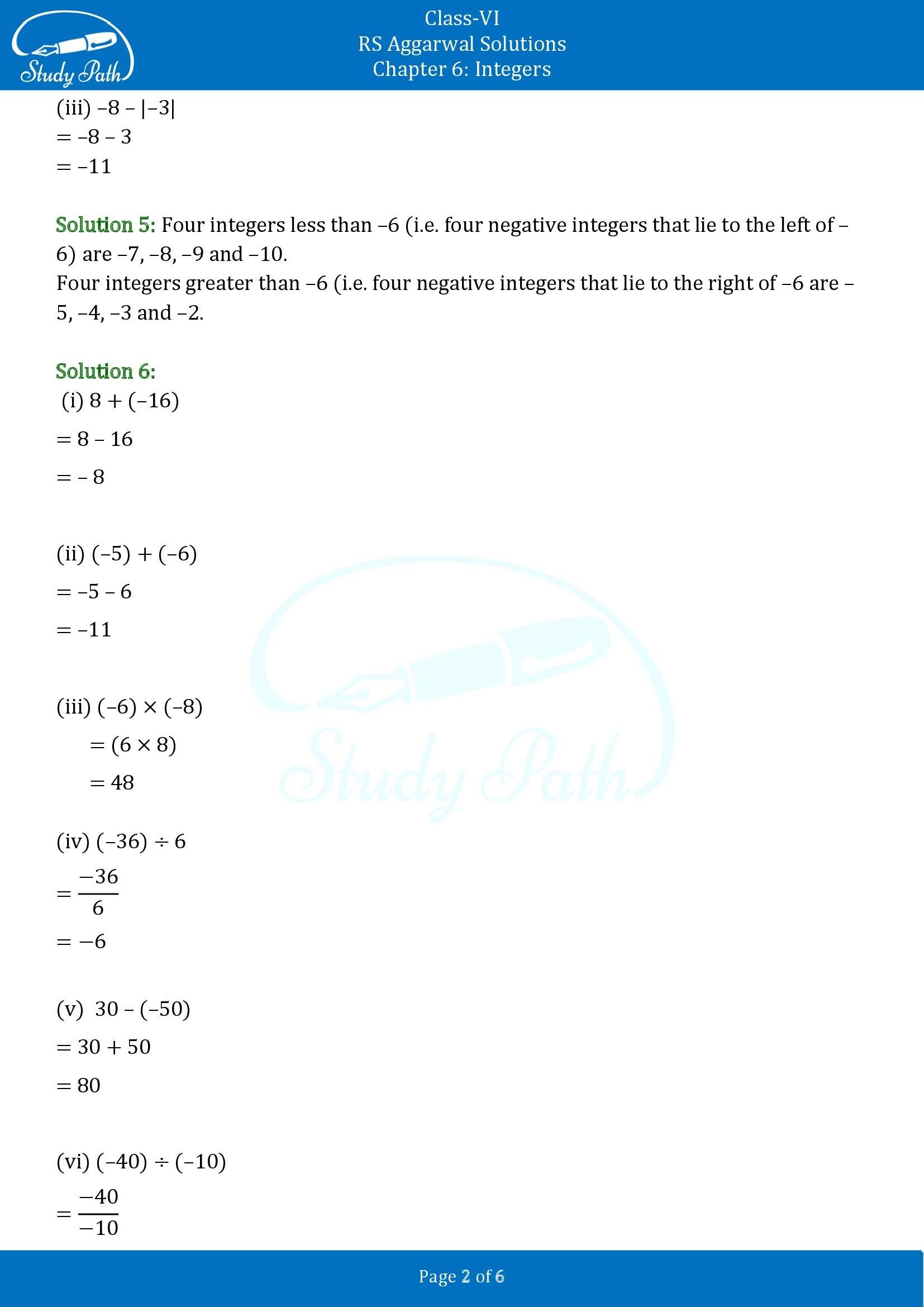 RS Aggarwal Solutions Class 6 Chapter 6 Integers Test Paper 00002
