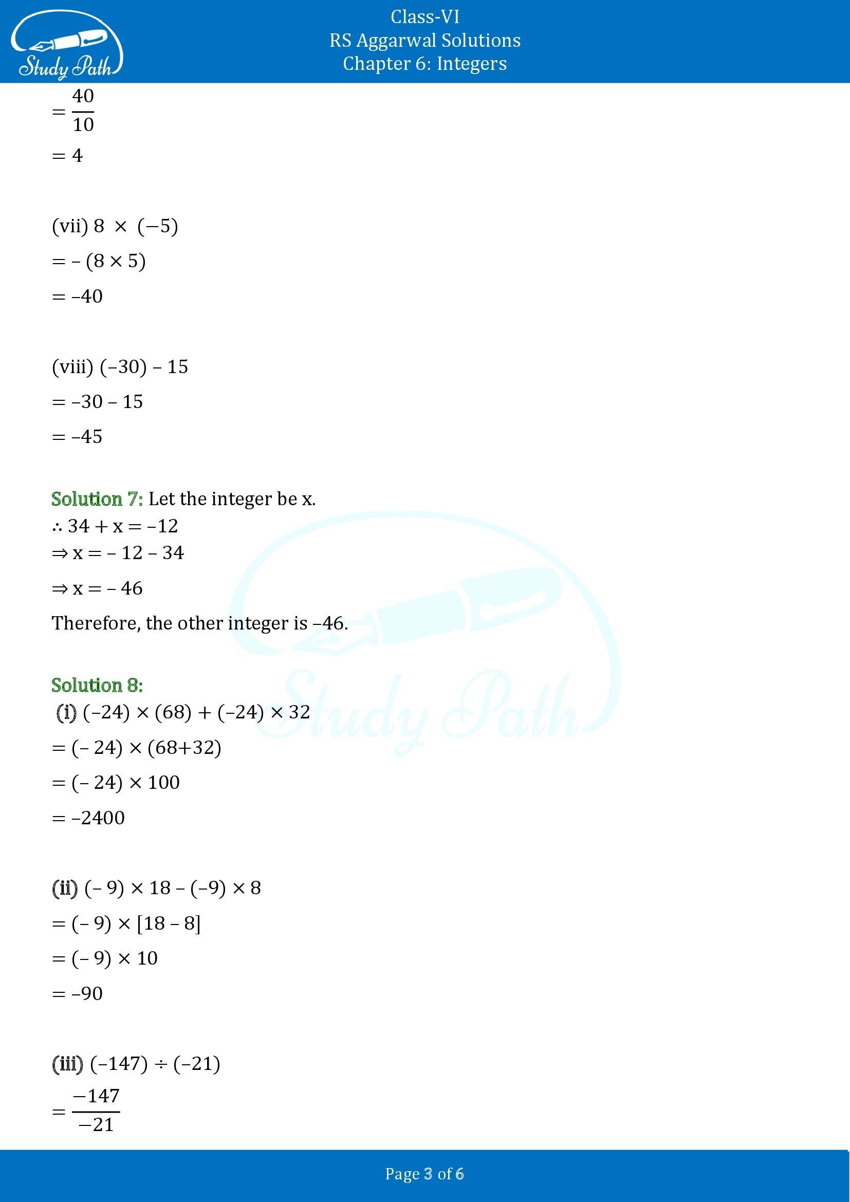 RS Aggarwal Solutions Class 6 Chapter 6 Integers Test Paper 00003
