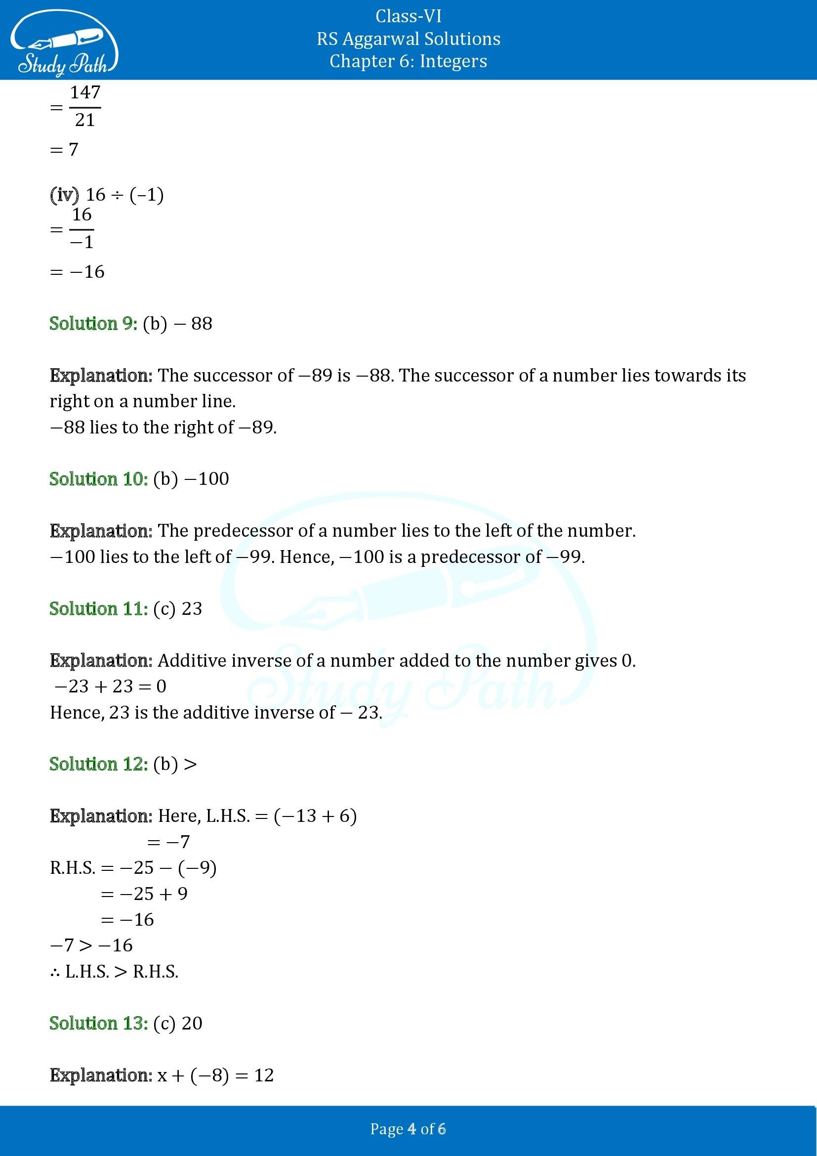 RS Aggarwal Solutions Class 6 Chapter 6 Integers Test Paper 00004