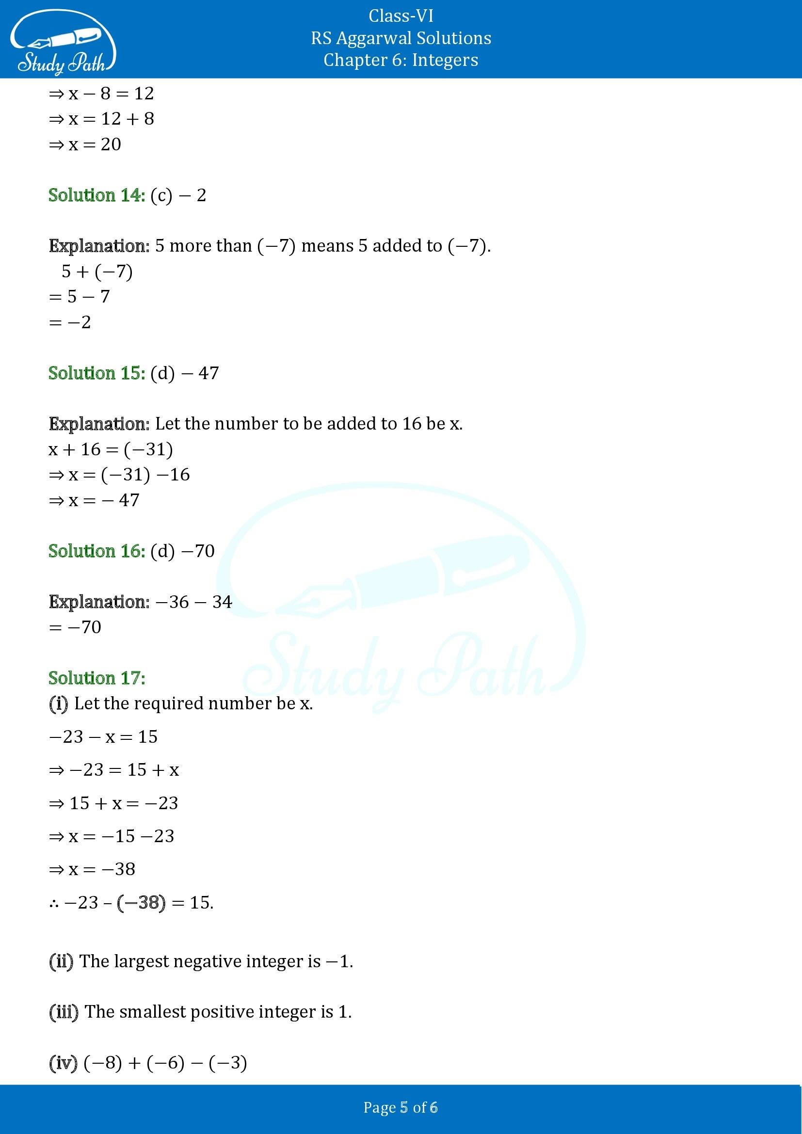 RS Aggarwal Solutions Class 6 Chapter 6 Integers Test Paper 00005