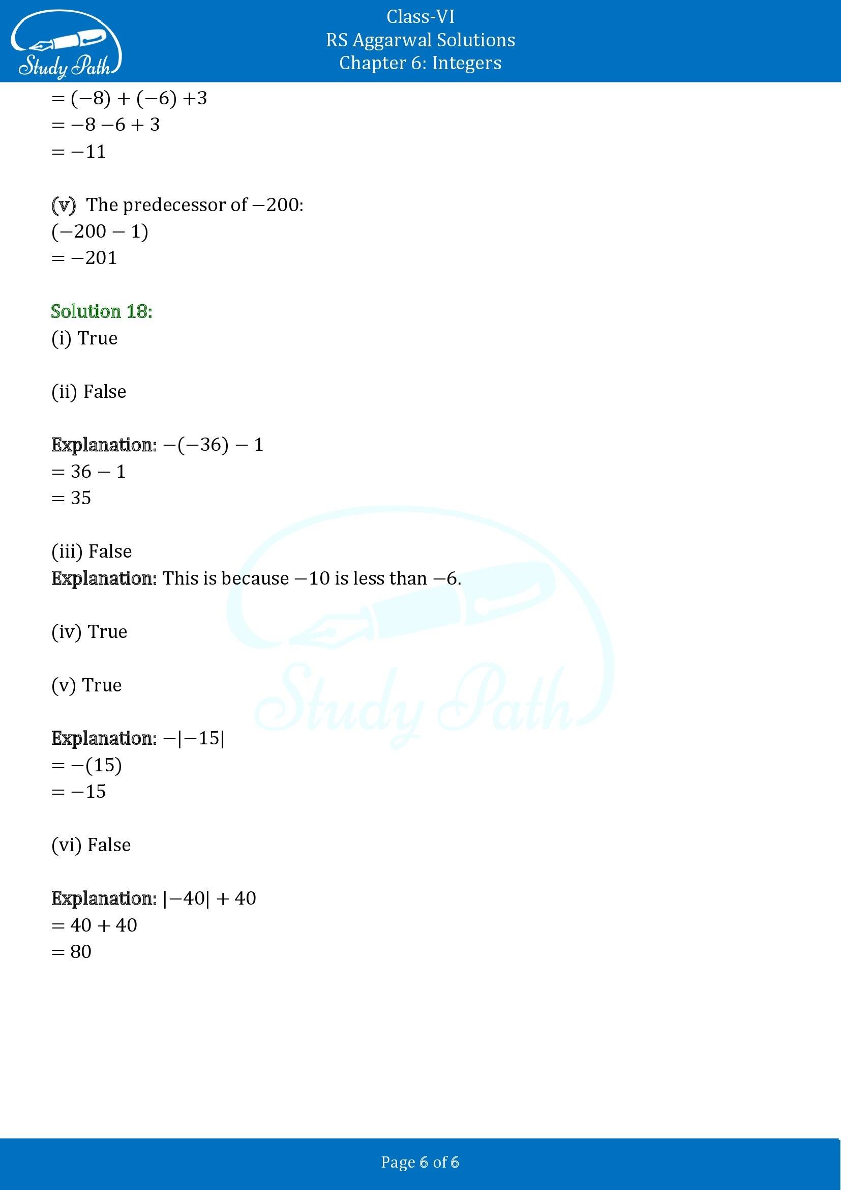 RS Aggarwal Solutions Class 6 Chapter 6 Integers Test Paper 00006