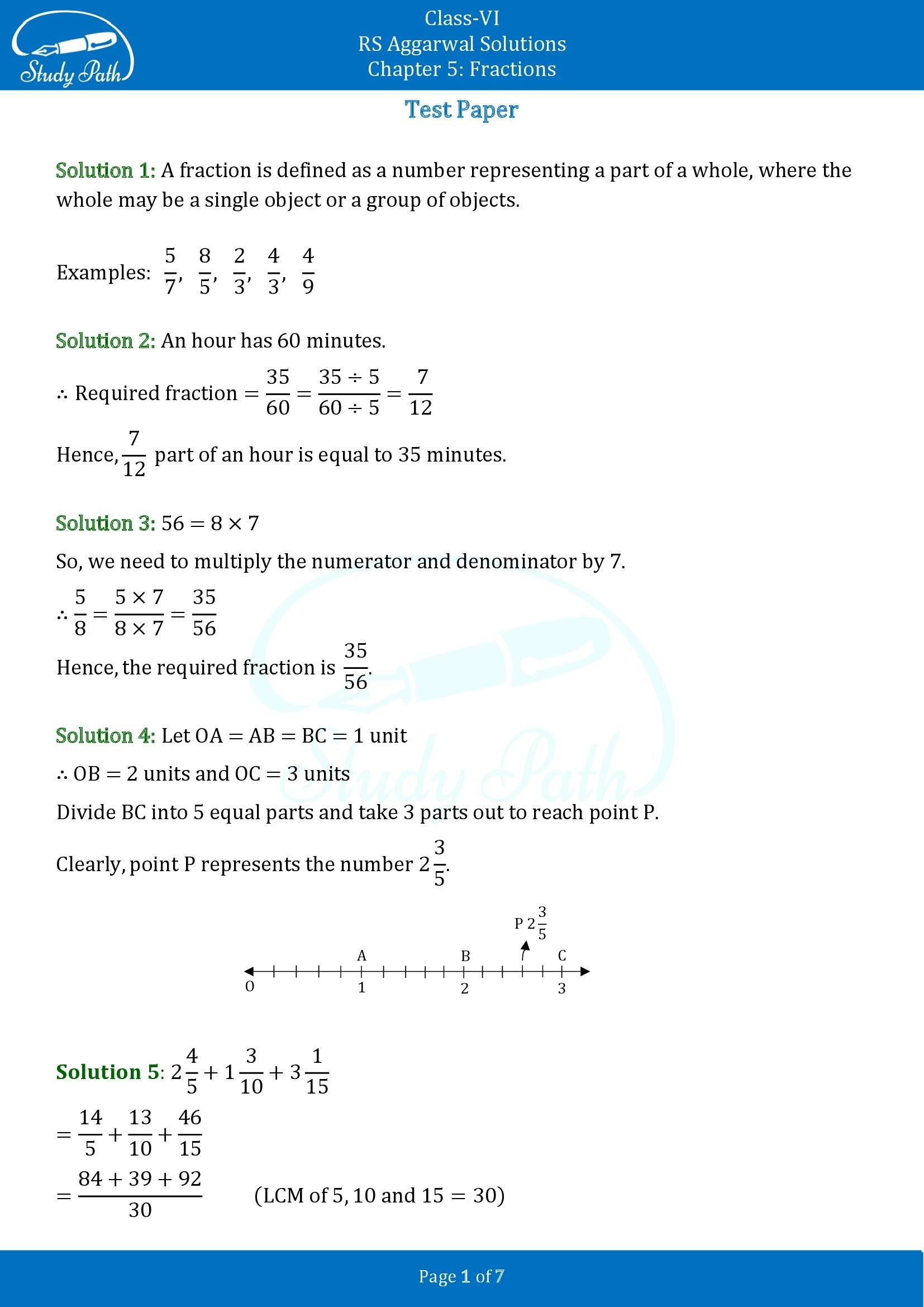 RS Aggarwal Solutions Class 6 Chapter 7 Fractions Test Paper 00001