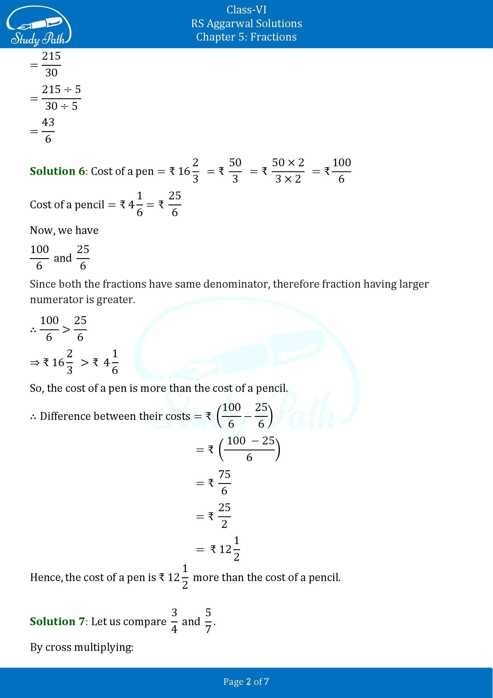 RS Aggarwal Solutions Class 6 Chapter 7 Fractions Test Paper 00002