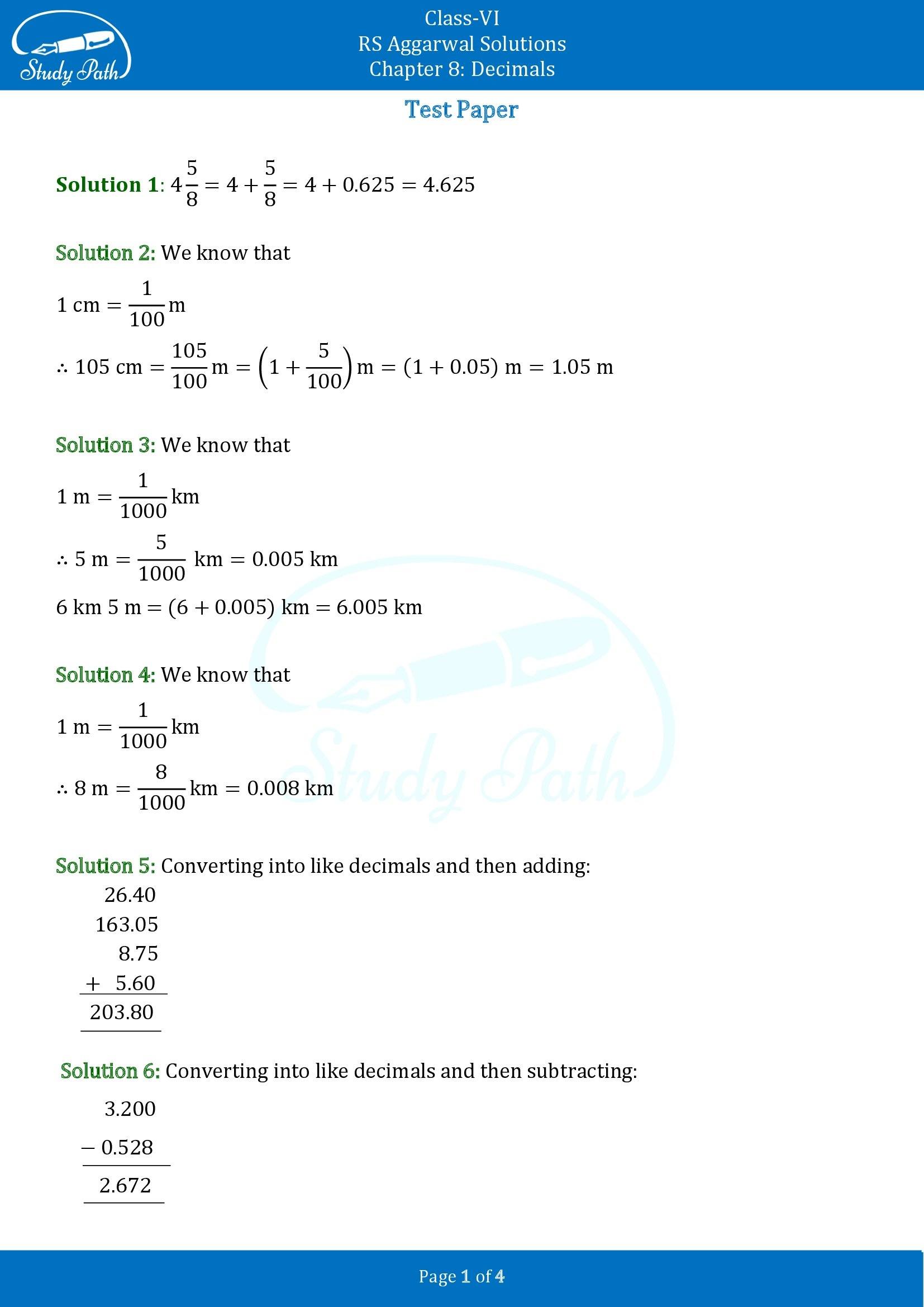 RS Aggarwal Solutions Class 6 Chapter 8 Decimals Test Paper 00001