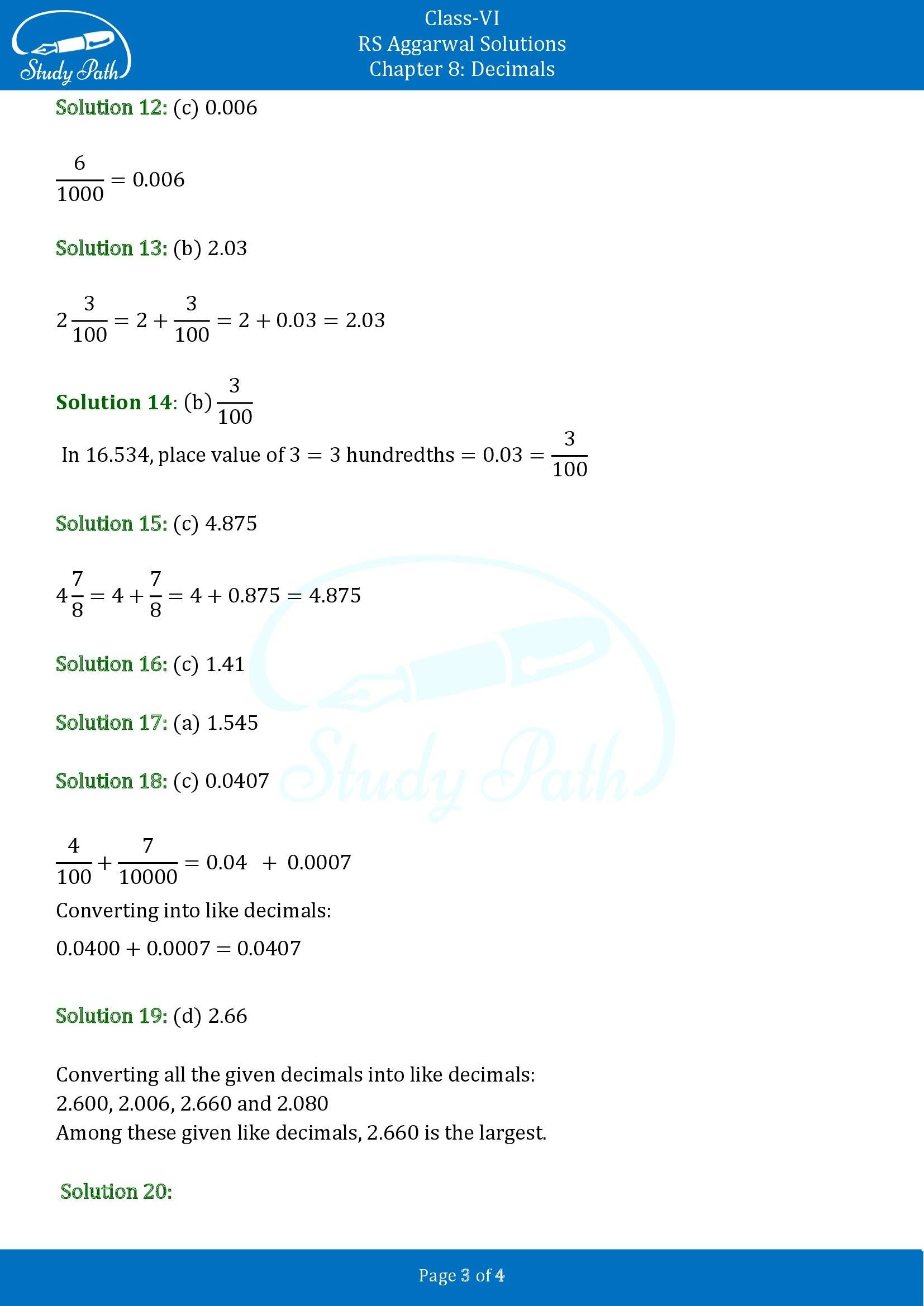 RS Aggarwal Solutions Class 6 Chapter 8 Decimals Test Paper 00003