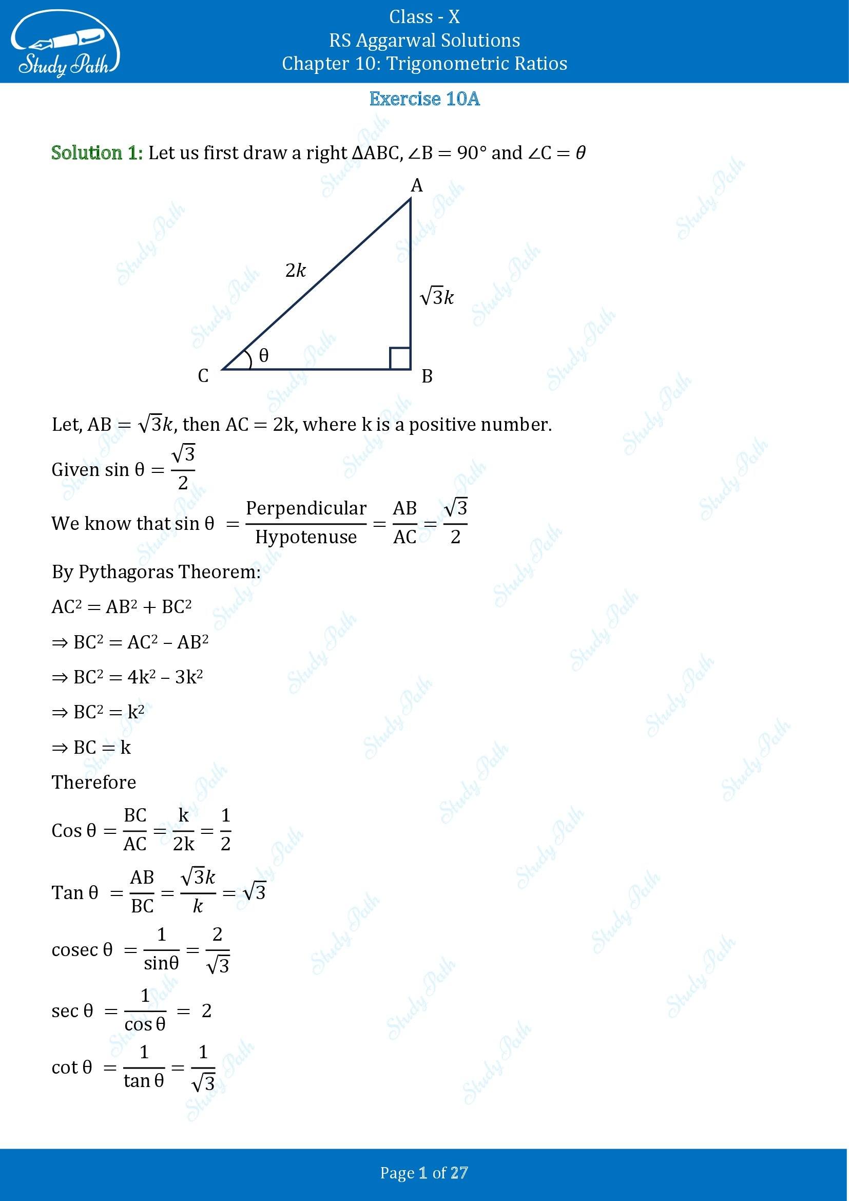 RS Aggarwal Solutions for Class 10 Chapter 10 Trigonometric Ratios Exercise 10 00001