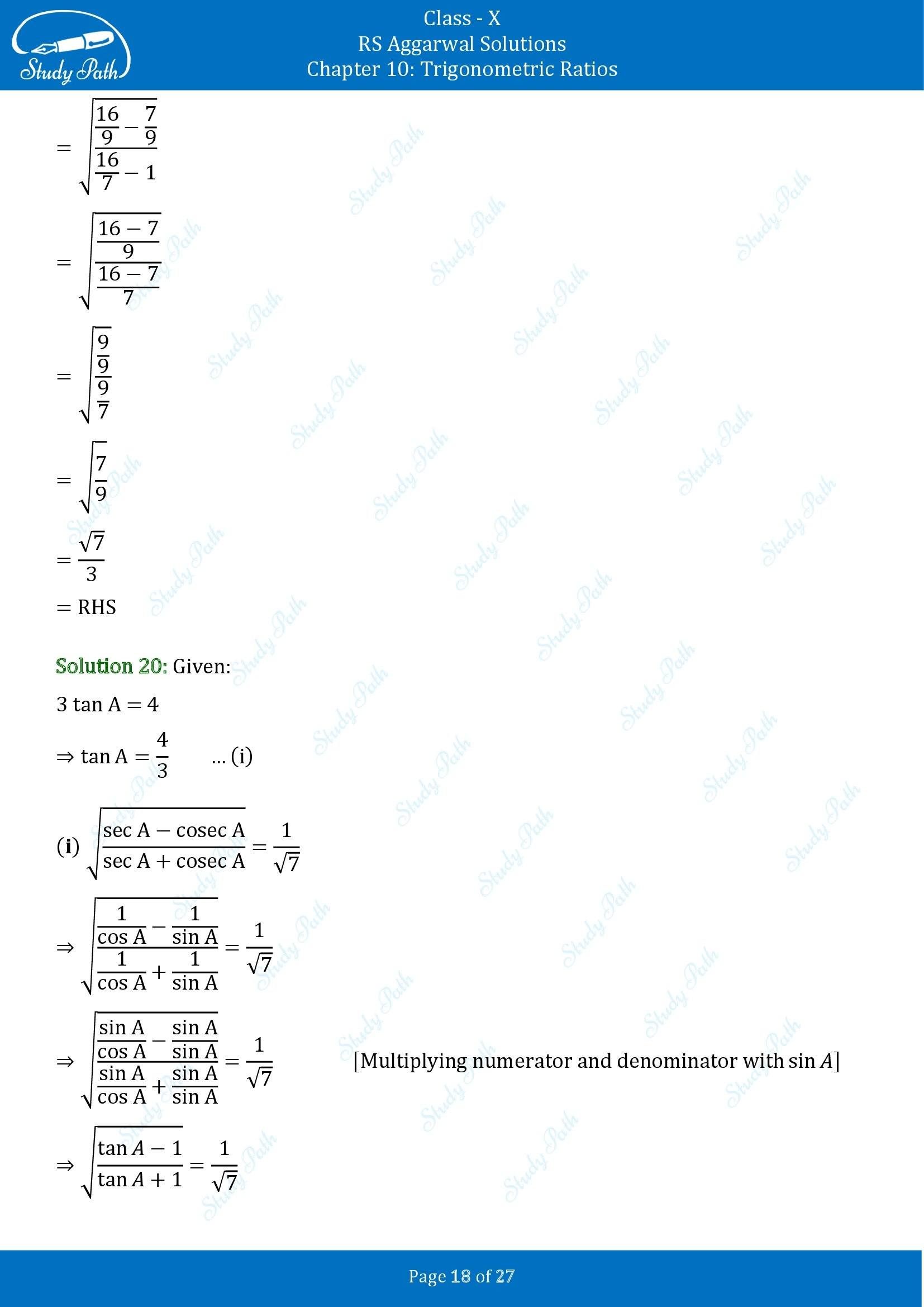RS Aggarwal Solutions for Class 10 Chapter 10 Trigonometric Ratios Exercise 10 00018