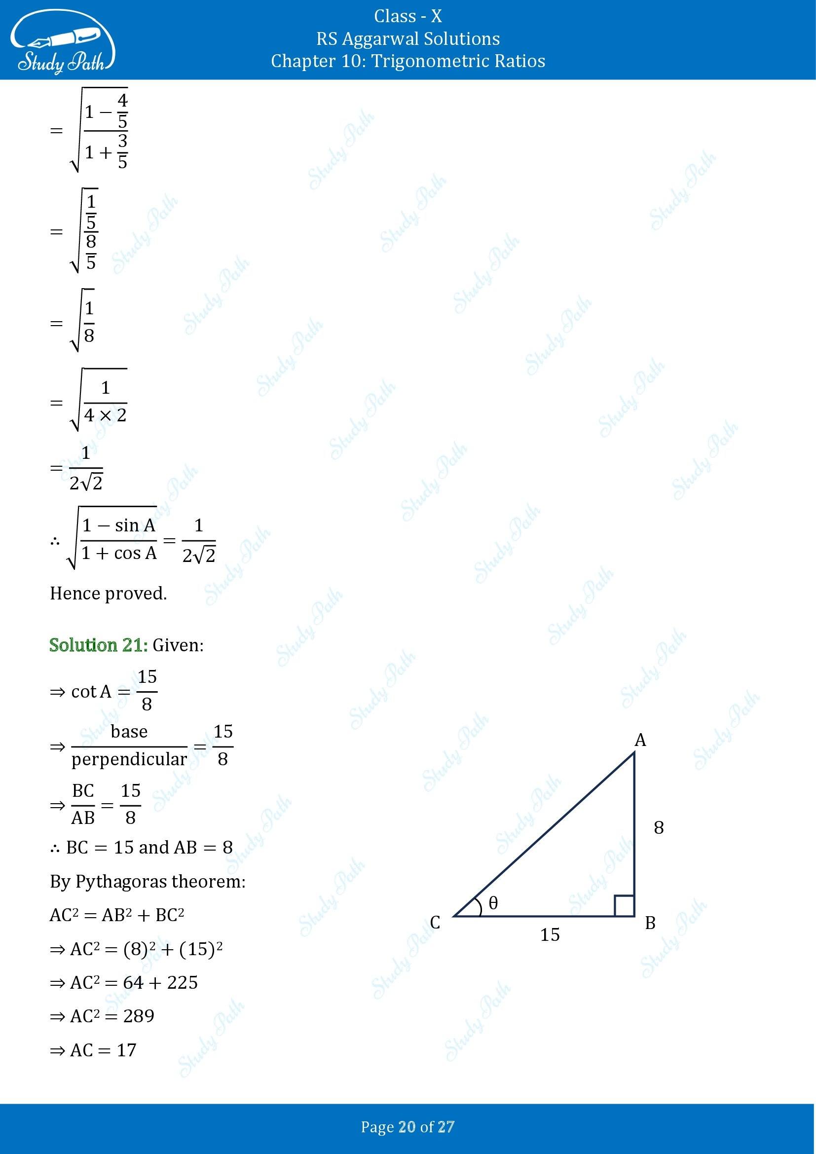 RS Aggarwal Solutions for Class 10 Chapter 10 Trigonometric Ratios Exercise 10 00020